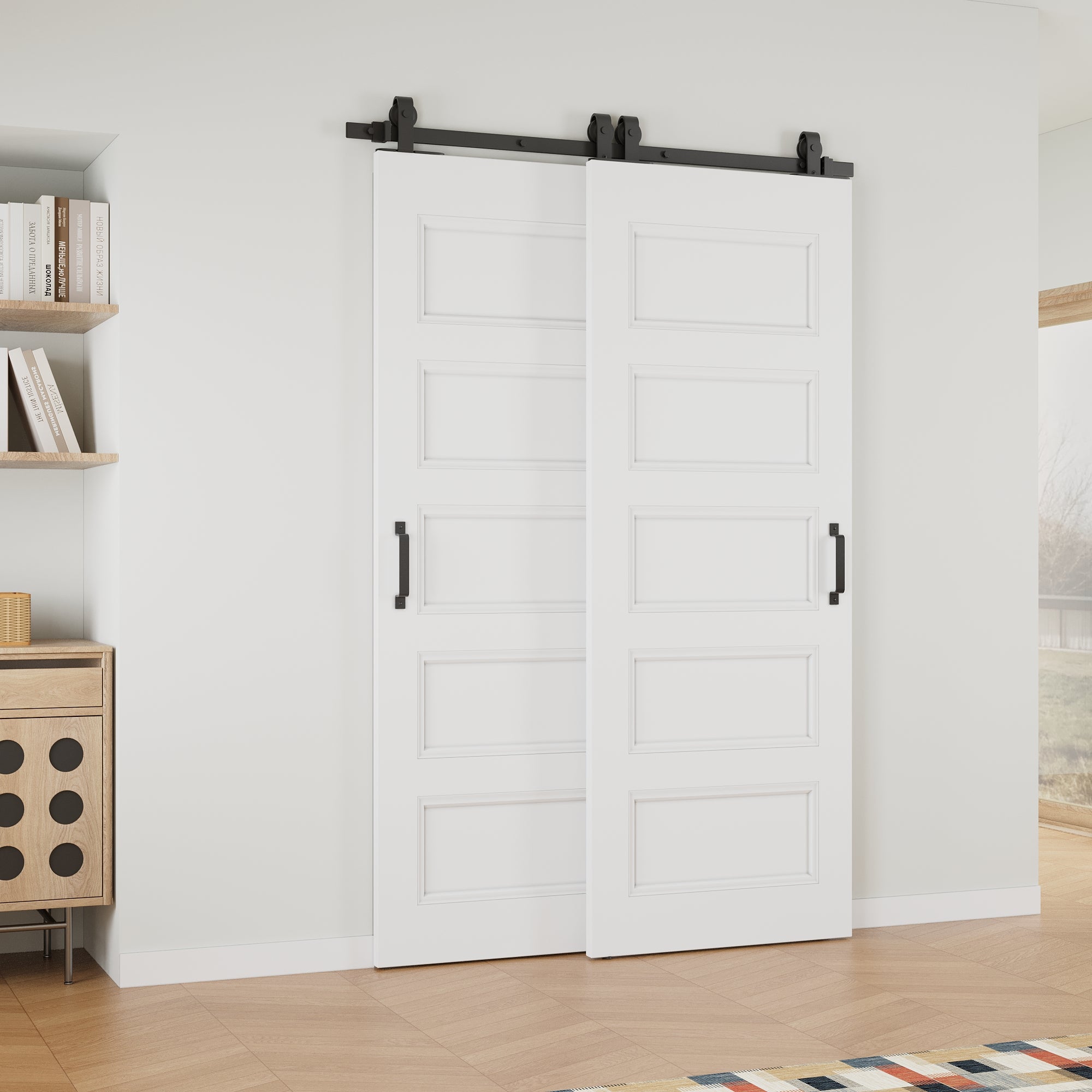 Ark Design Bypass Barn Door, 5-Panel Molded Doors, Solid Core MDF & Pre-finished & Paintable Surface, With Hardware Kit Bypass, White