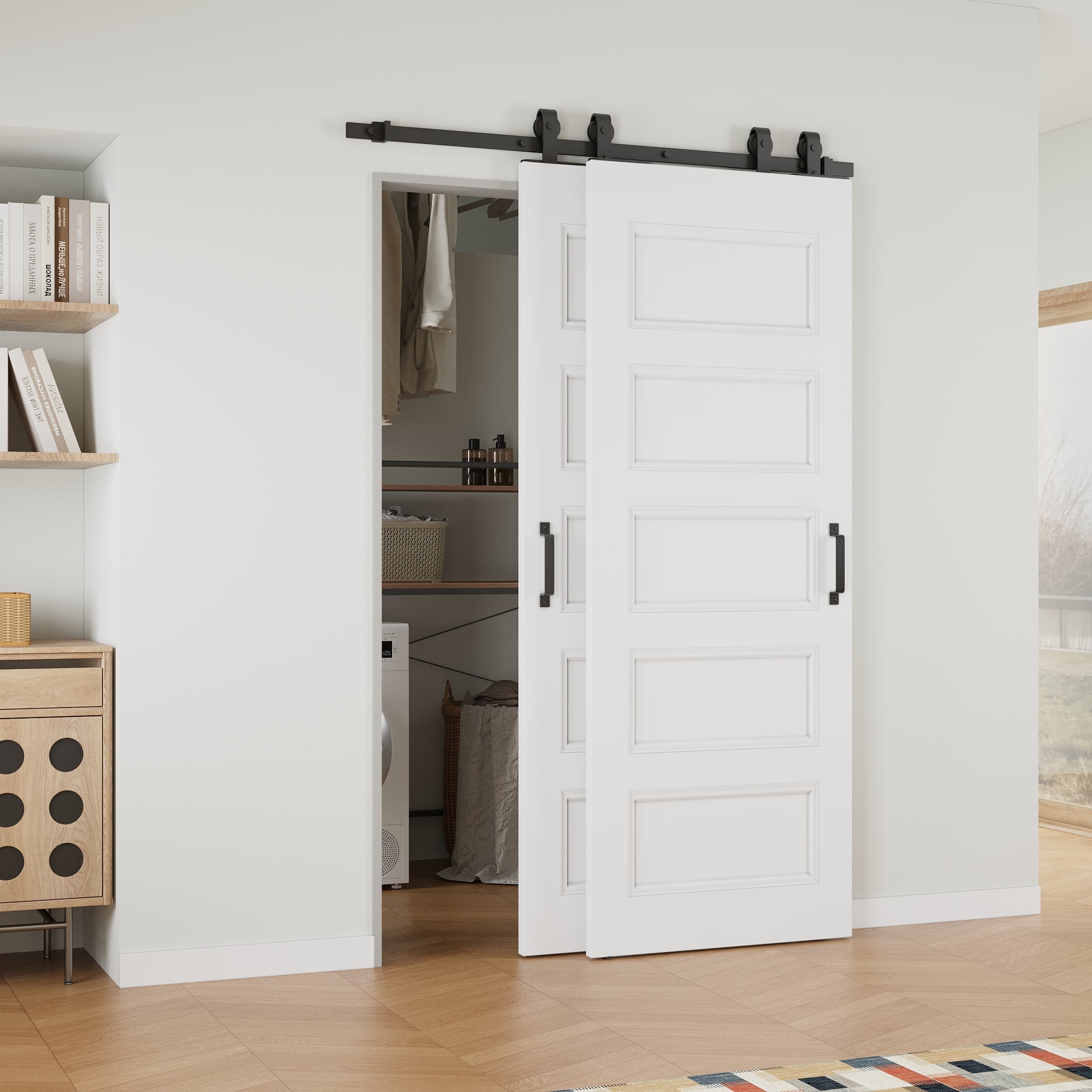 Ark Design Bypass Barn Door, 5-Panel Molded Doors, Solid Core MDF & Pre-finished & Paintable Surface, With Hardware Kit Bypass, White