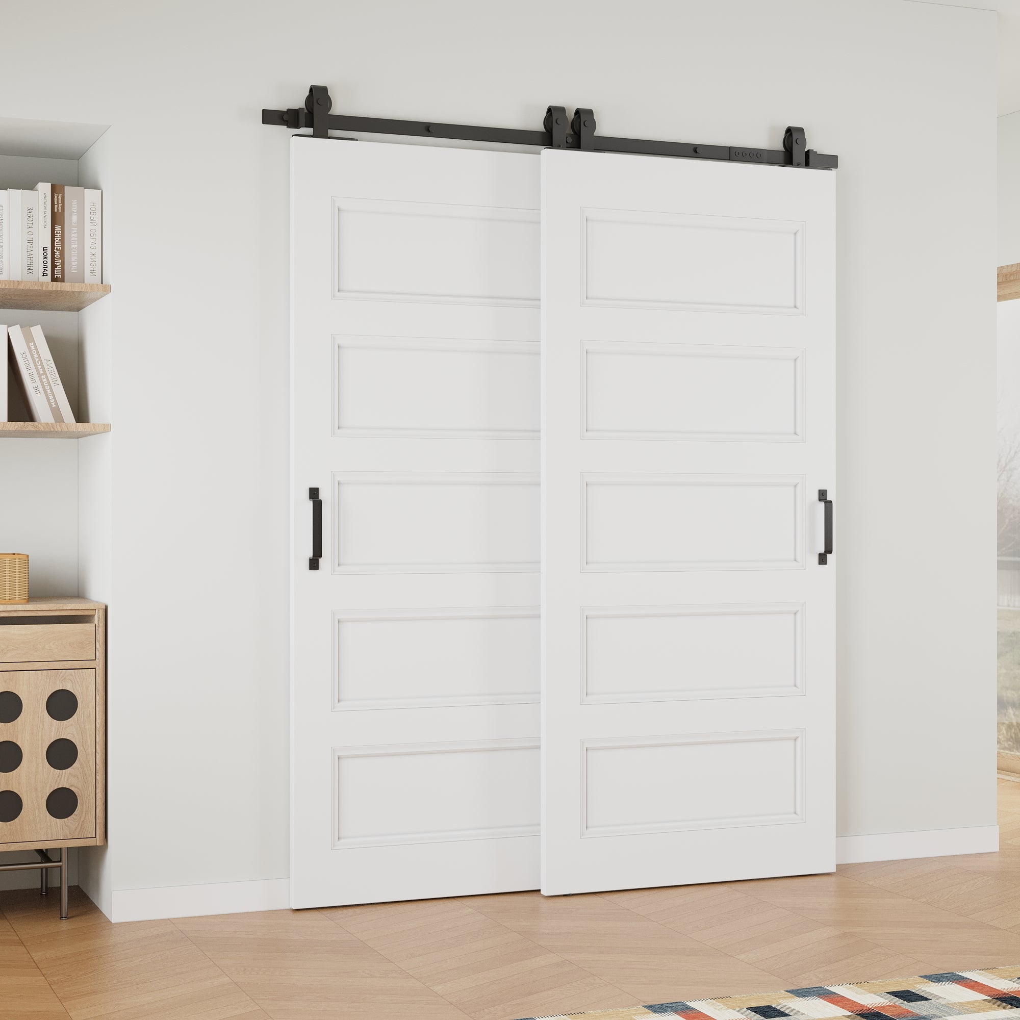 Ark Design Bypass Barn Door, 5-Panel Molded Doors, Solid Core MDF & Pre-finished & Paintable Surface, With Hardware Kit Bypass, White