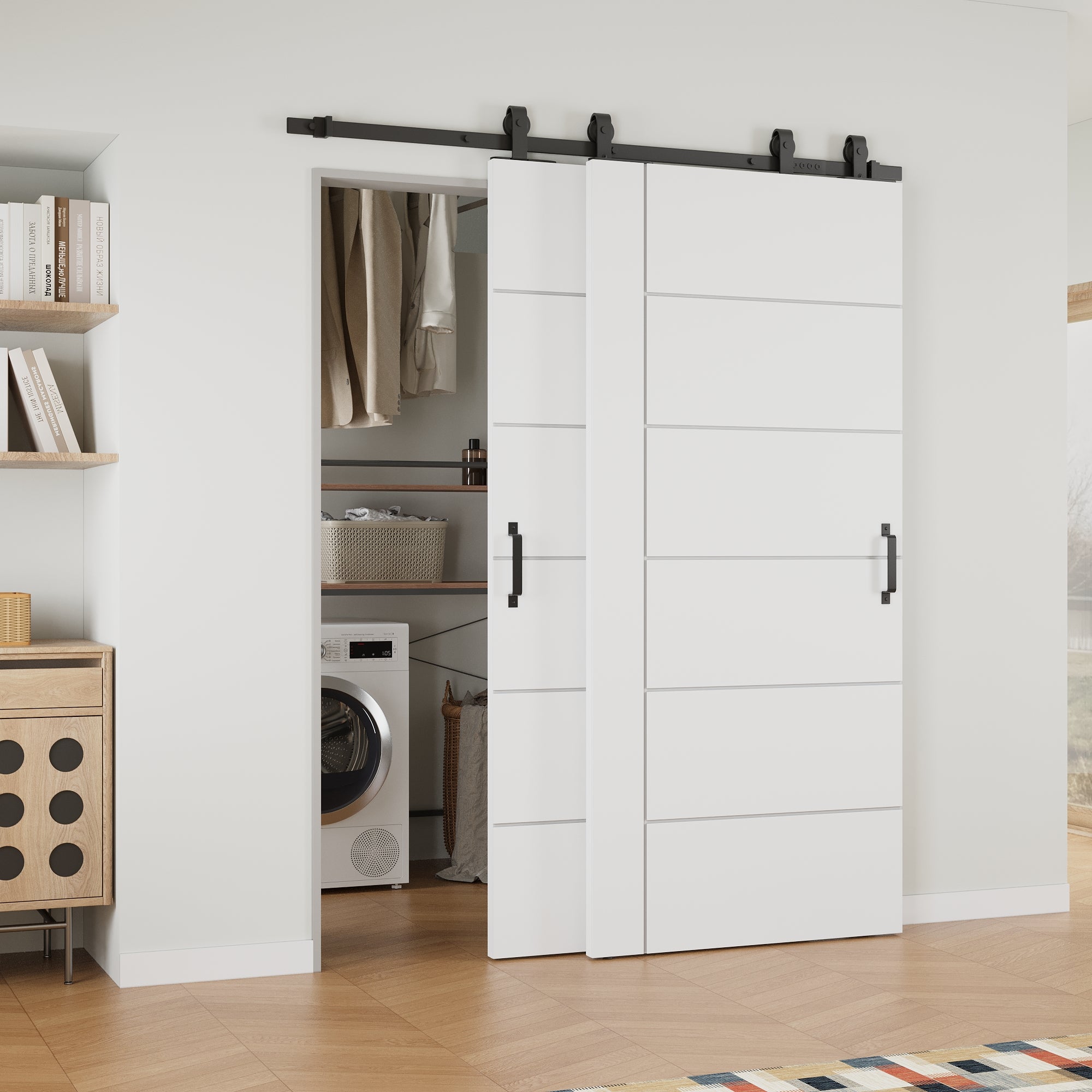 Ark Design Bypass Barn Door, 6-Panel Molded Doors with Horizontal Grain Texture, Solid Core MDF & Pre-finished & Paintable Surface, With Hardware Kit Bypass, White