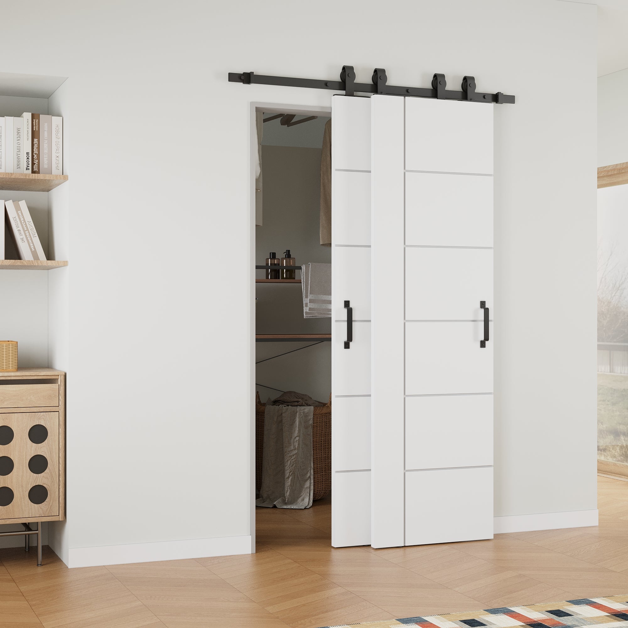 Ark Design Bypass Barn Door, 6-Panel Molded Doors with Horizontal Grain Texture, Solid Core MDF & Pre-finished & Paintable Surface, With Hardware Kit Bypass, White