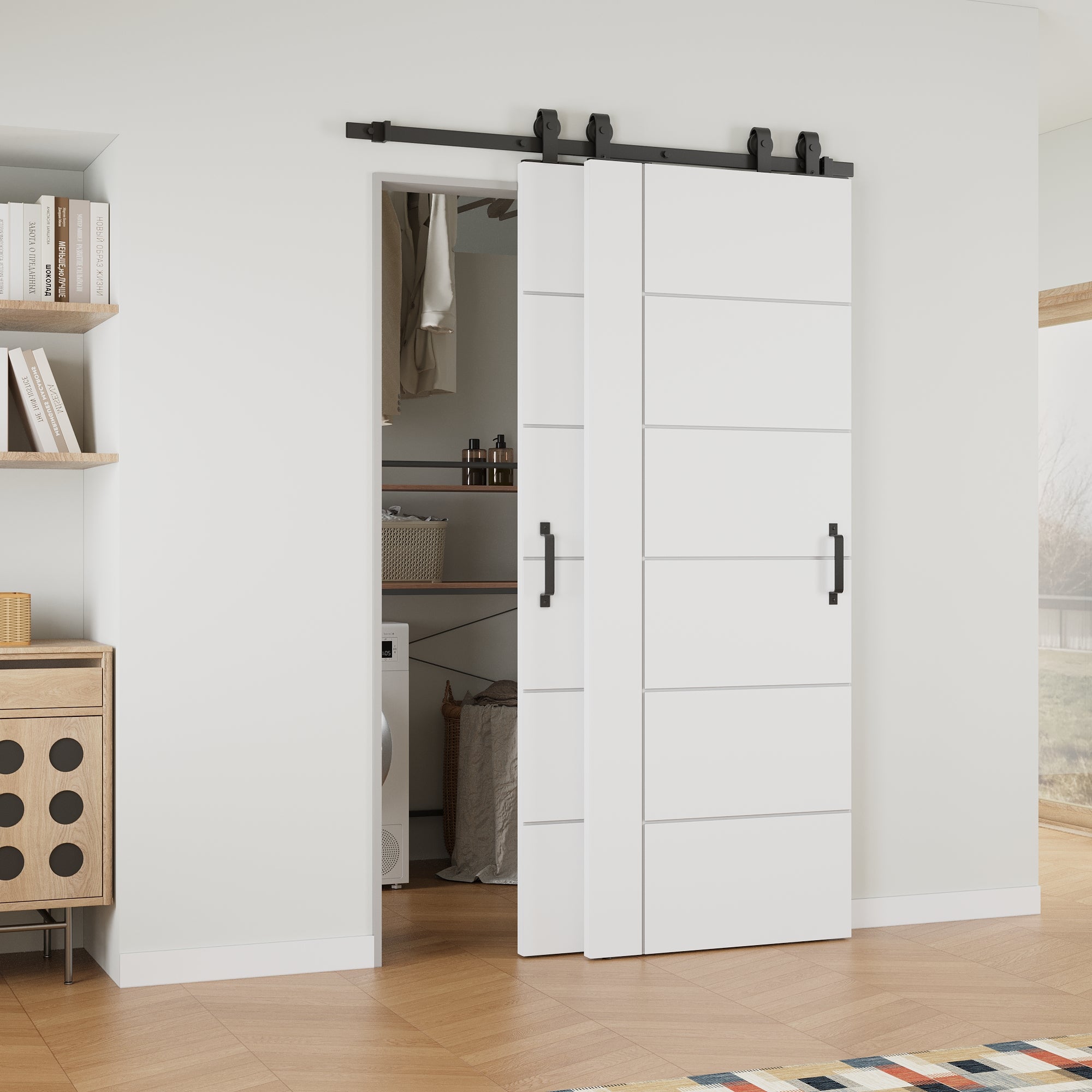 Ark Design Bypass Barn Door, 6-Panel Molded Doors with Horizontal Grain Texture, Solid Core MDF & Pre-finished & Paintable Surface, With Hardware Kit Bypass, White