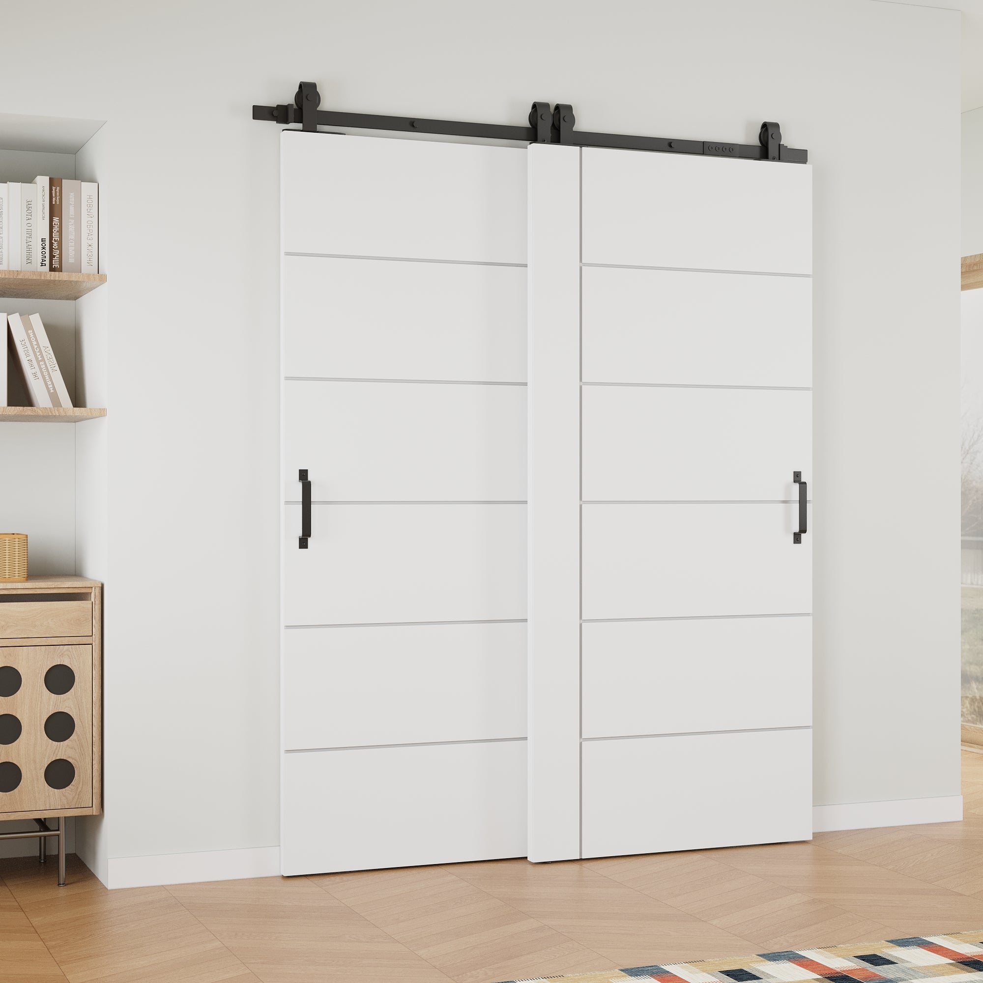 Ark Design Bypass Barn Door, 6-Panel Molded Doors with Horizontal Grain Texture, Solid Core MDF & Pre-finished & Paintable Surface, With Hardware Kit Bypass, White