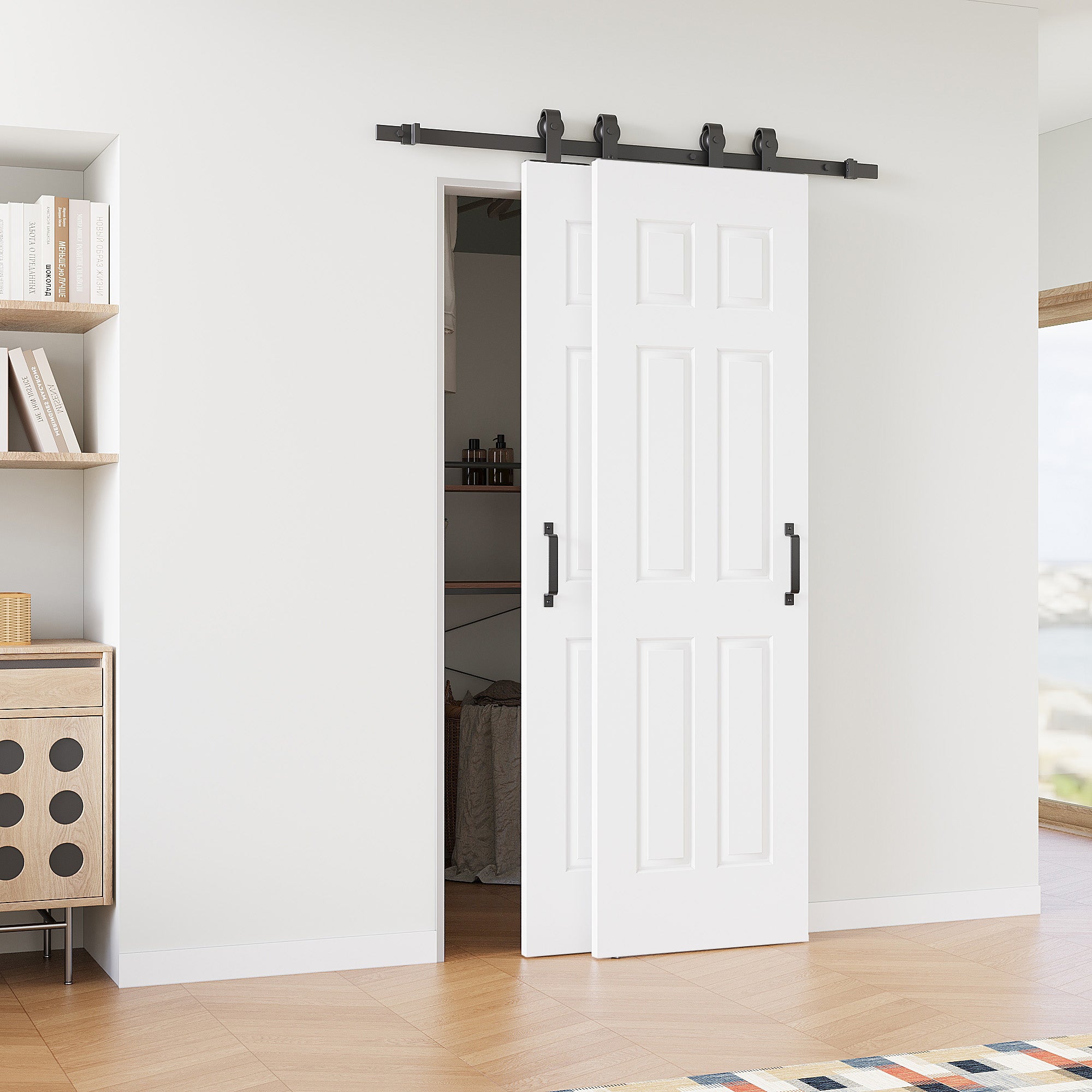 Ark Design Bypass Barn Door, 6-Panel Molded Doors, Solid Core MDF & Pre-finished & Paintable Surface, With Hardware Kit Bypass, White