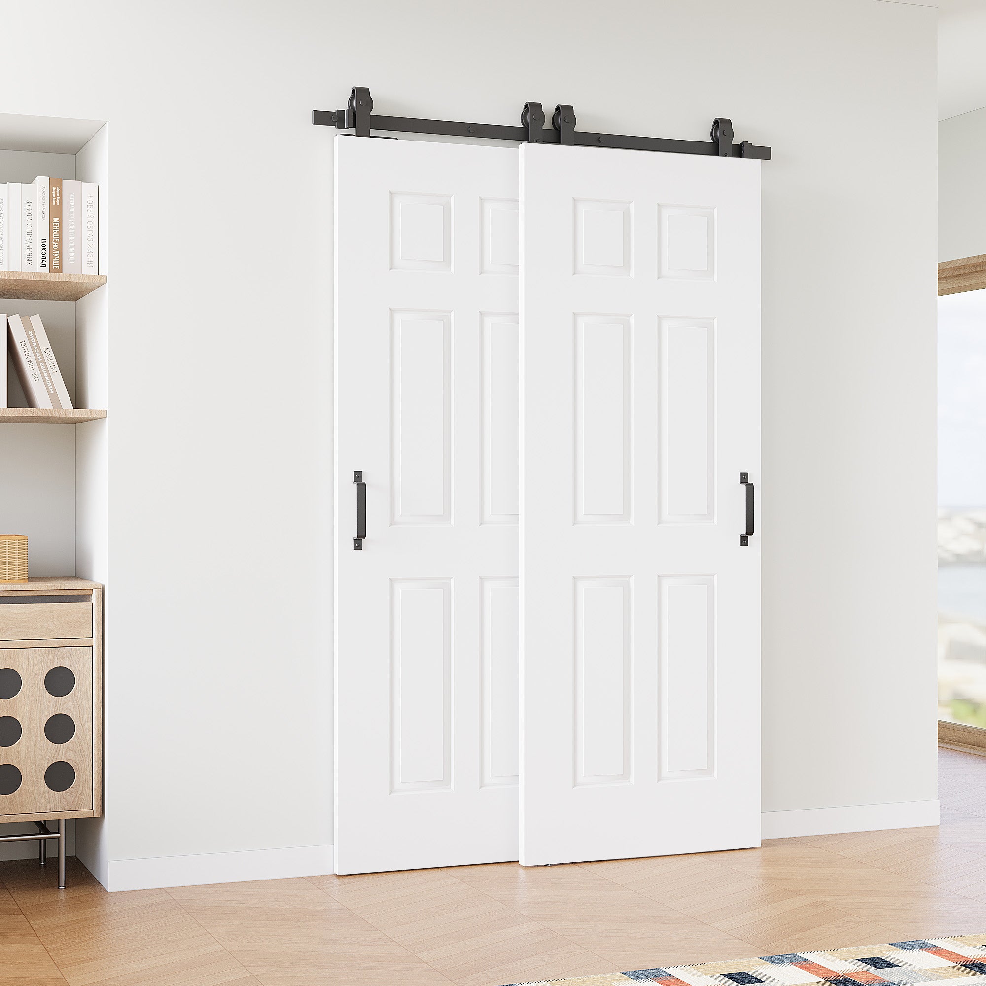 Ark Design Bypass Barn Door, 6-Panel Molded Doors, Solid Core MDF & Pre-finished & Paintable Surface, With Hardware Kit Bypass, White