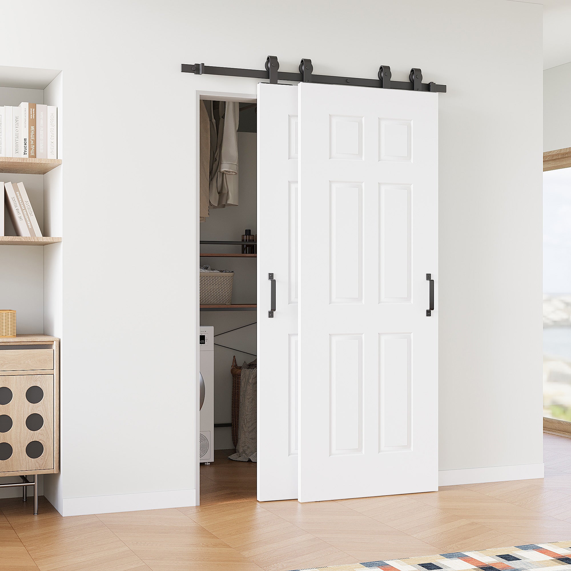 Ark Design Bypass Barn Door, 6-Panel Molded Doors, Solid Core MDF & Pre-finished & Paintable Surface, With Hardware Kit Bypass, White