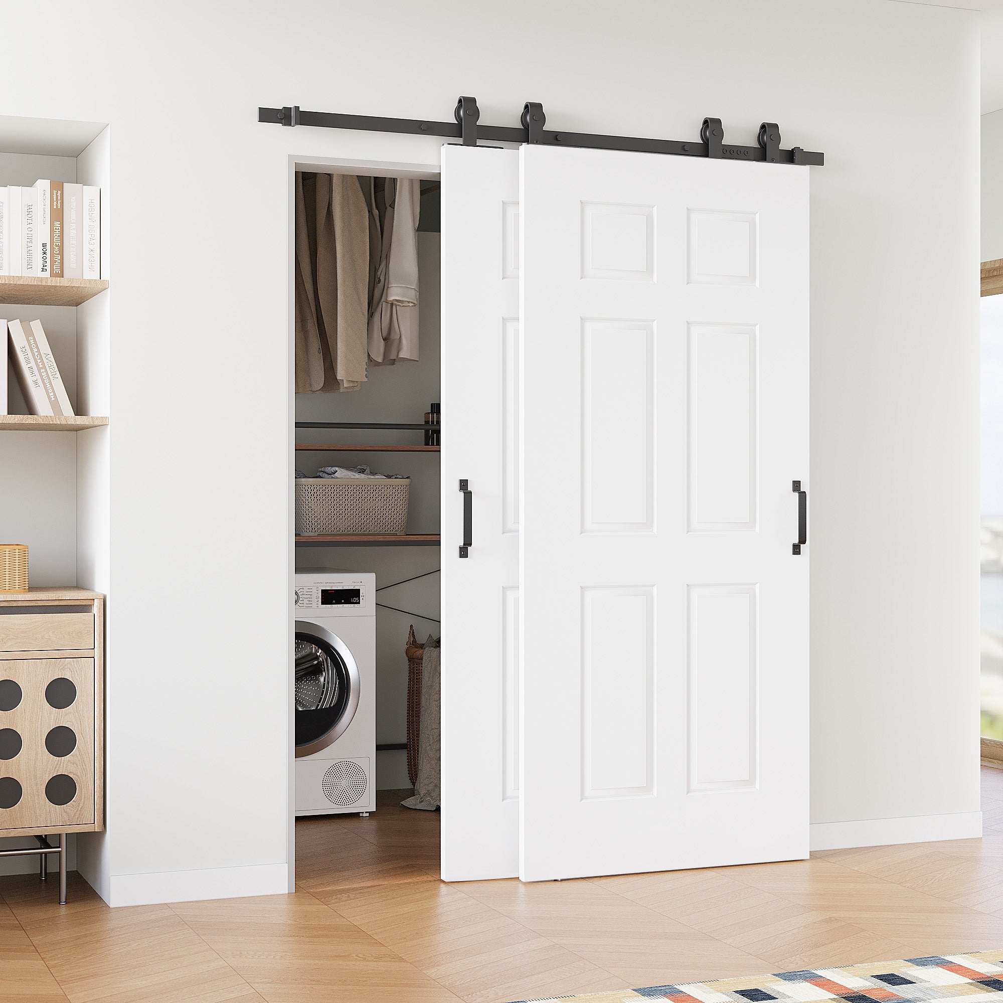 Ark Design Bypass Barn Door, 6-Panel Molded Doors, Solid Core MDF & Pre-finished & Paintable Surface, With Hardware Kit Bypass, White