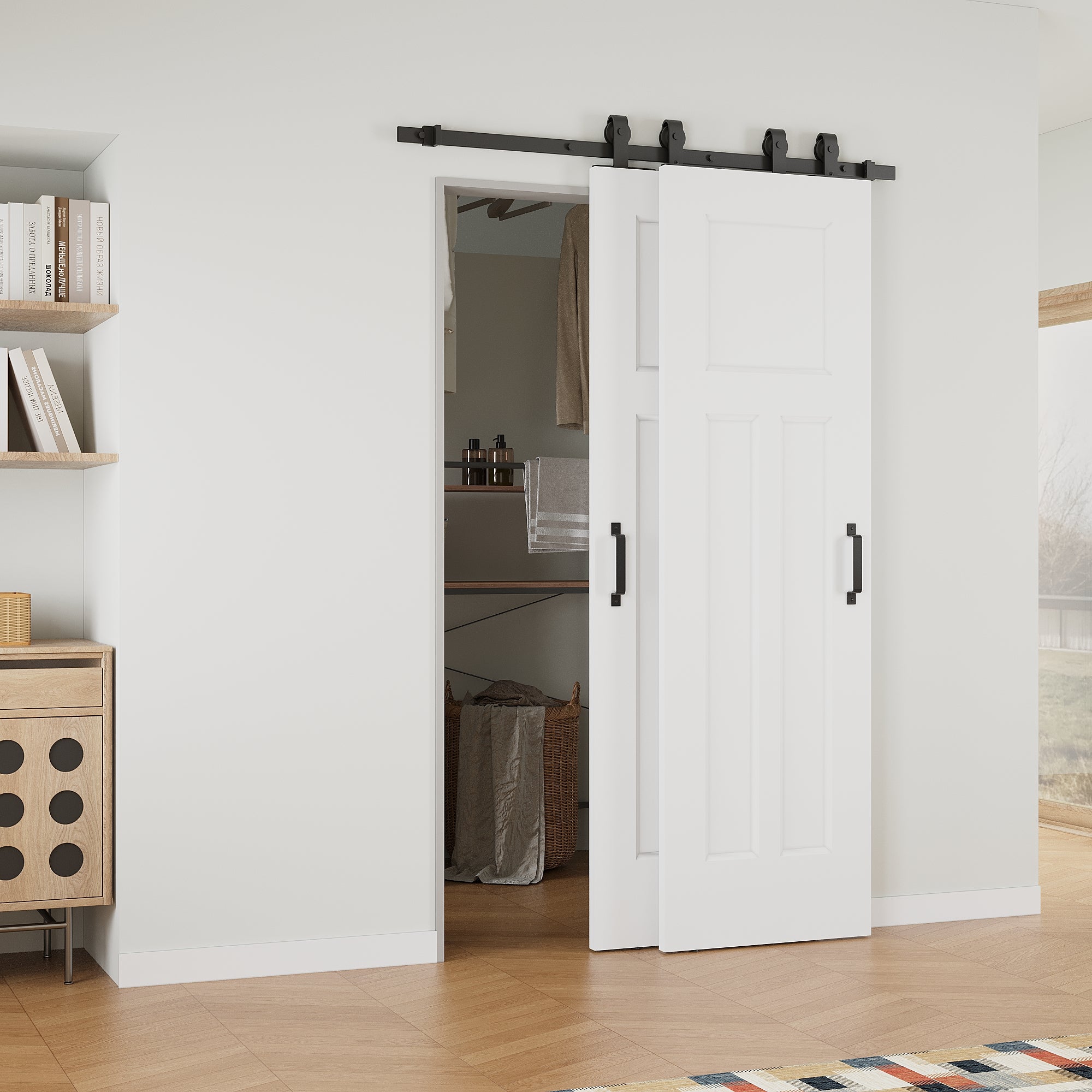 Ark Design Bypass Barn Door, T-Shape Panel Molded Doors, Solid Core MDF & Pre-finished & Paintable Surface, With Hardware Kit Bypass, White