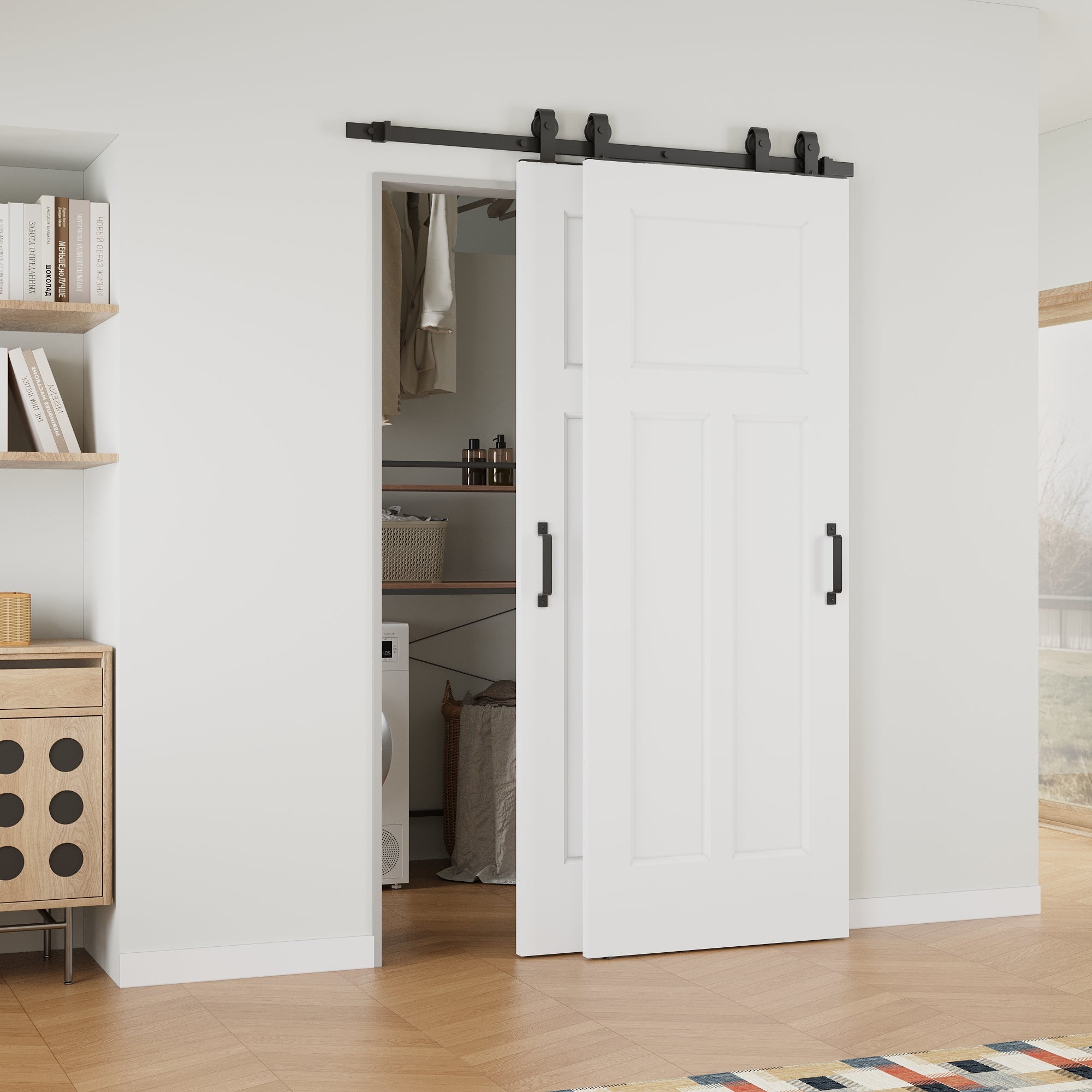 Ark Design Bypass Barn Door, T-Shape Panel Molded Doors, Solid Core MDF & Pre-finished & Paintable Surface, With Hardware Kit Bypass, White