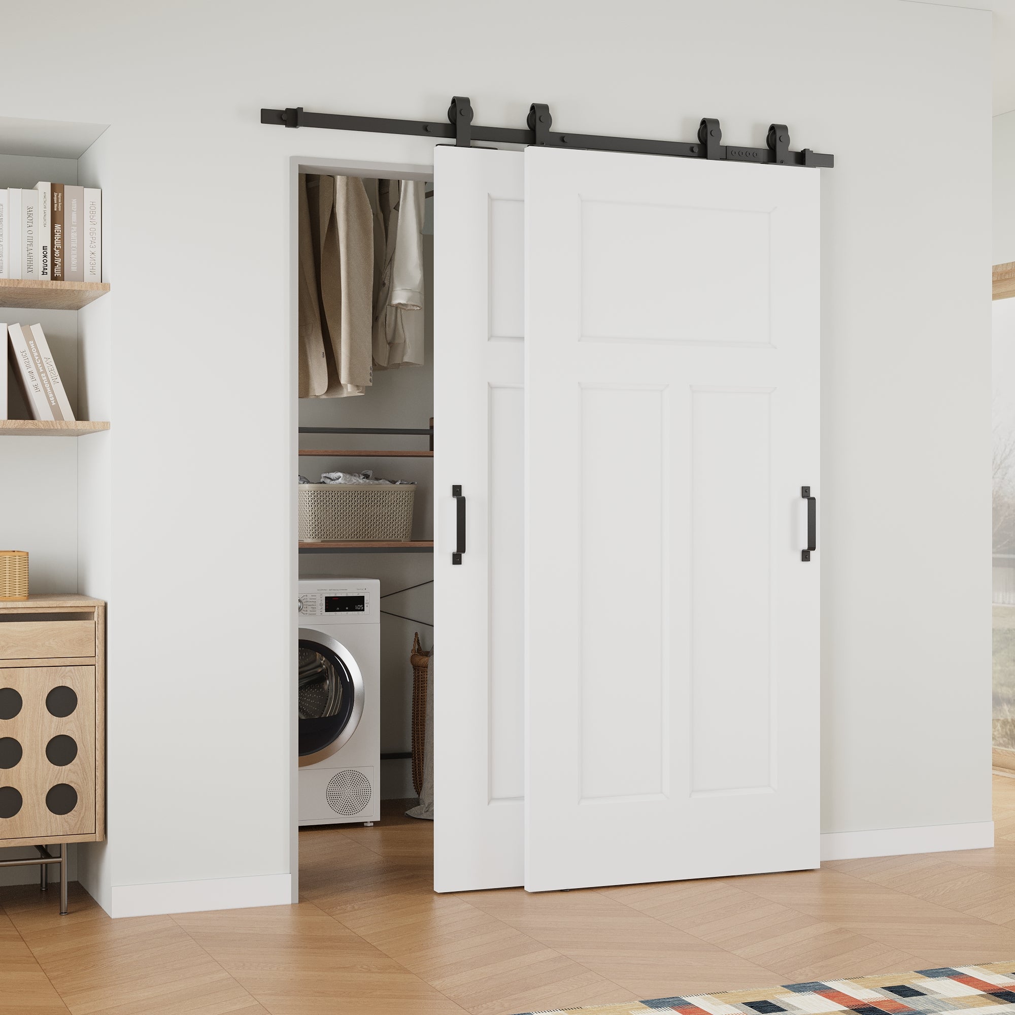Ark Design Bypass Barn Door, T-Shape Panel Molded Doors, Solid Core MDF & Pre-finished & Paintable Surface, With Hardware Kit Bypass, White