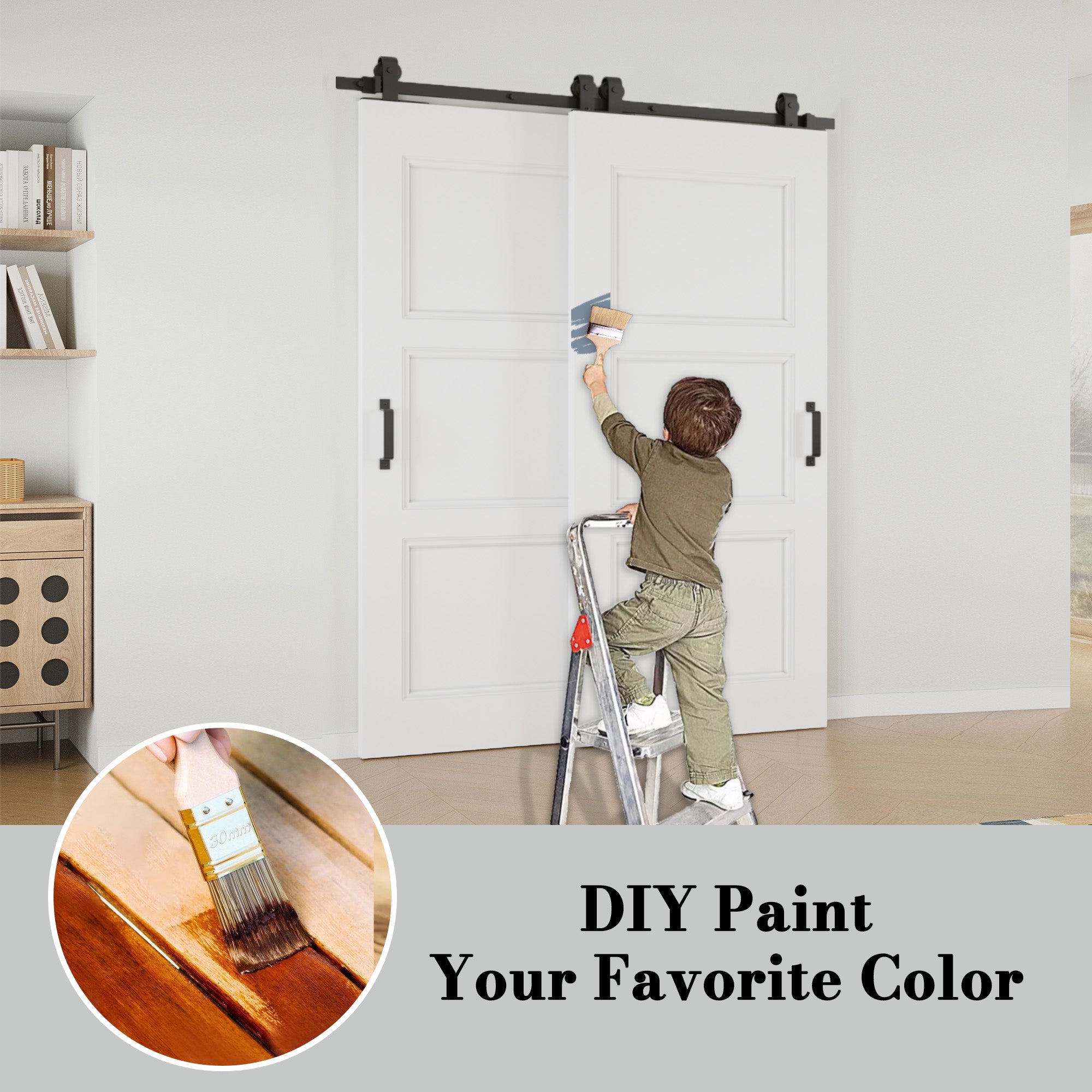 Ark Design Bypass Barn Door, 3-Panel Molded Doors, Solid Core MDF & Pre-finished & Paintable Surface, With Hardware Kit Bypass, White
