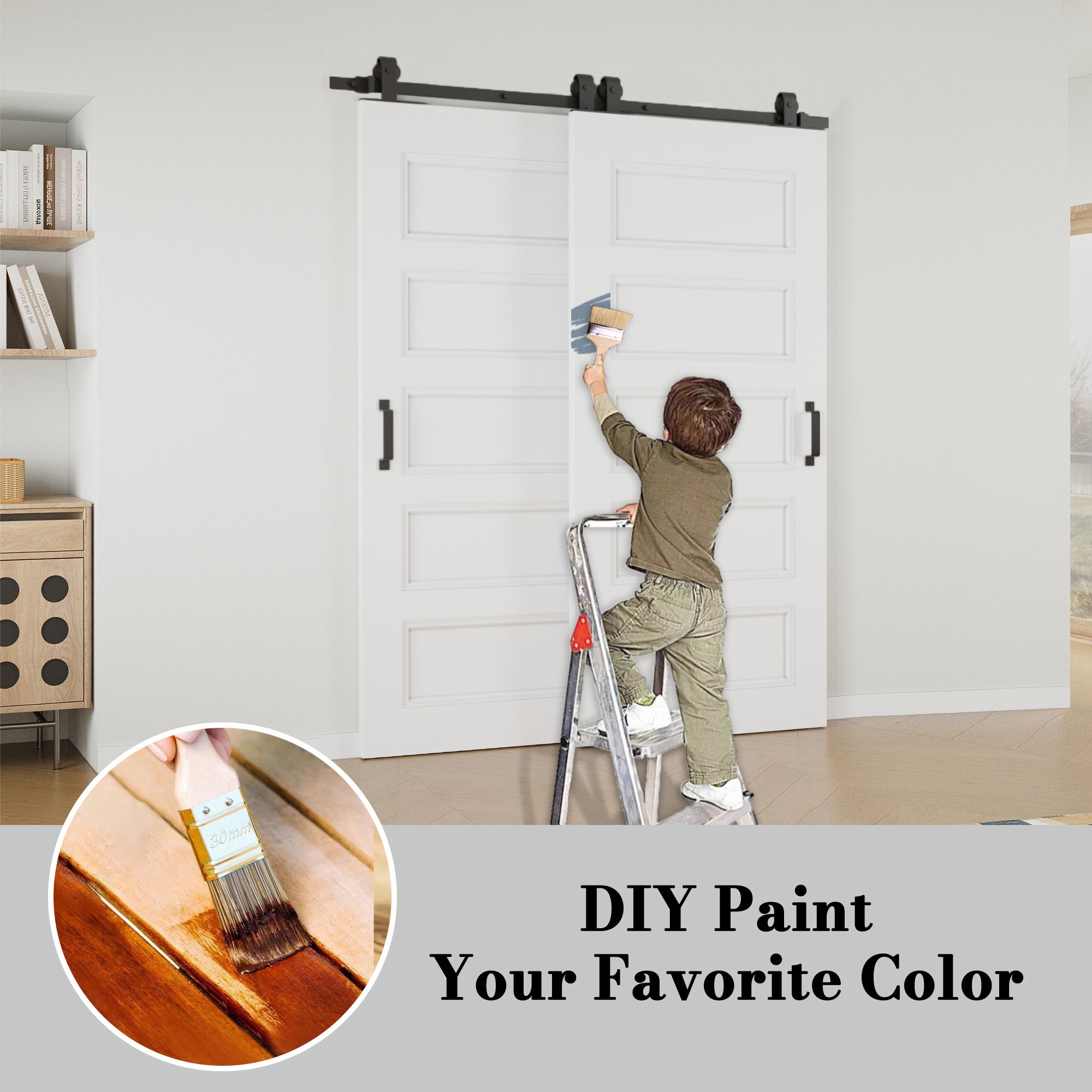 Ark Design Bypass Barn Door, 5-Panel Molded Doors, Solid Core MDF & Pre-finished & Paintable Surface, With Hardware Kit Bypass, White