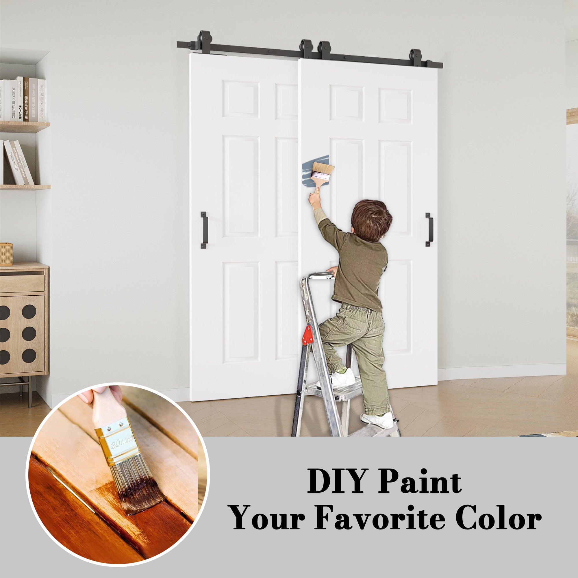 Ark Design Bypass Barn Door, 6-Panel Molded Doors, Solid Core MDF & Pre-finished & Paintable Surface, With Hardware Kit Bypass, White