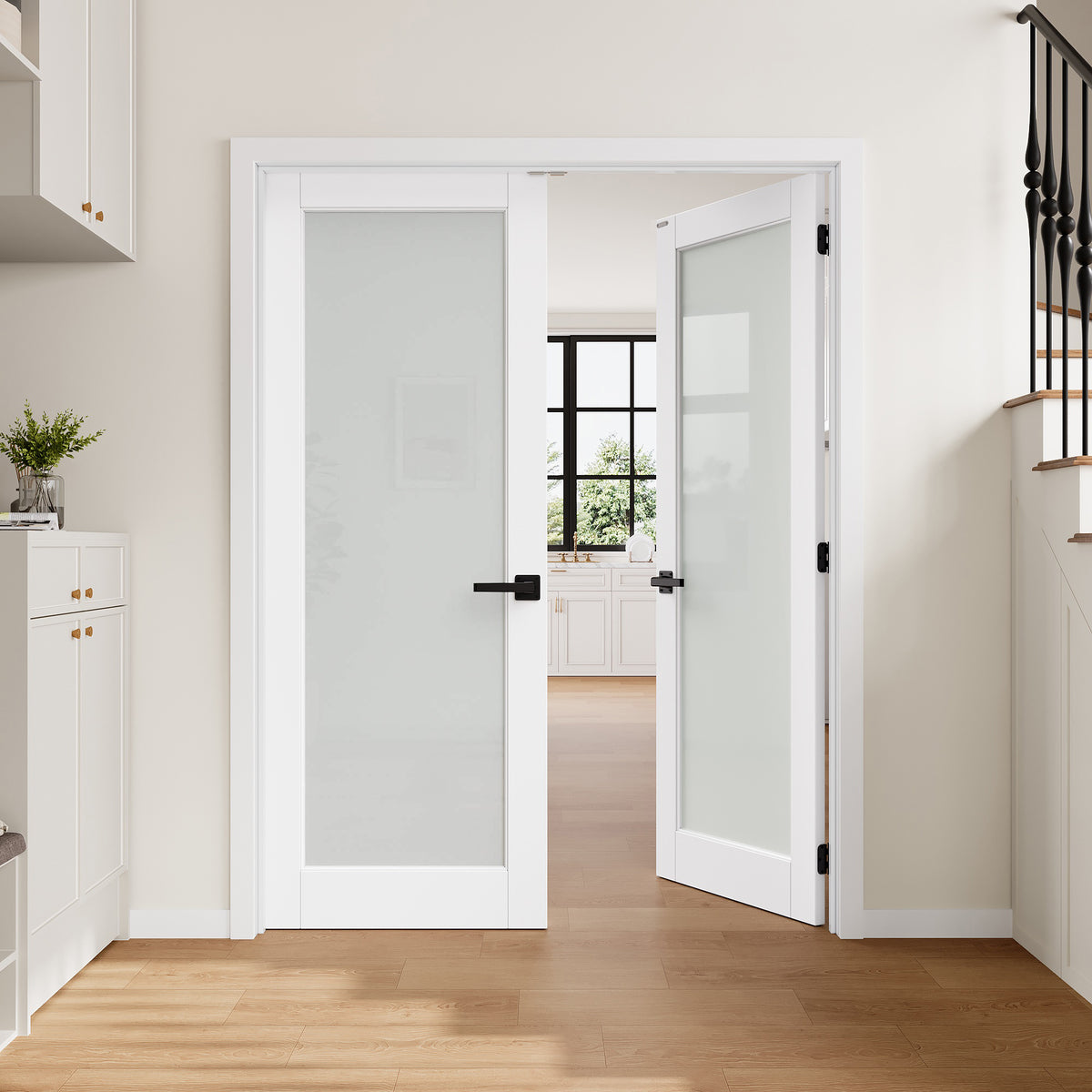 [Magnetic Catch Prehung French Door Collection] 1-Lite Frosted Glass White Solid Core Double Prehung French Door with Ready-to-Assemble Jamb