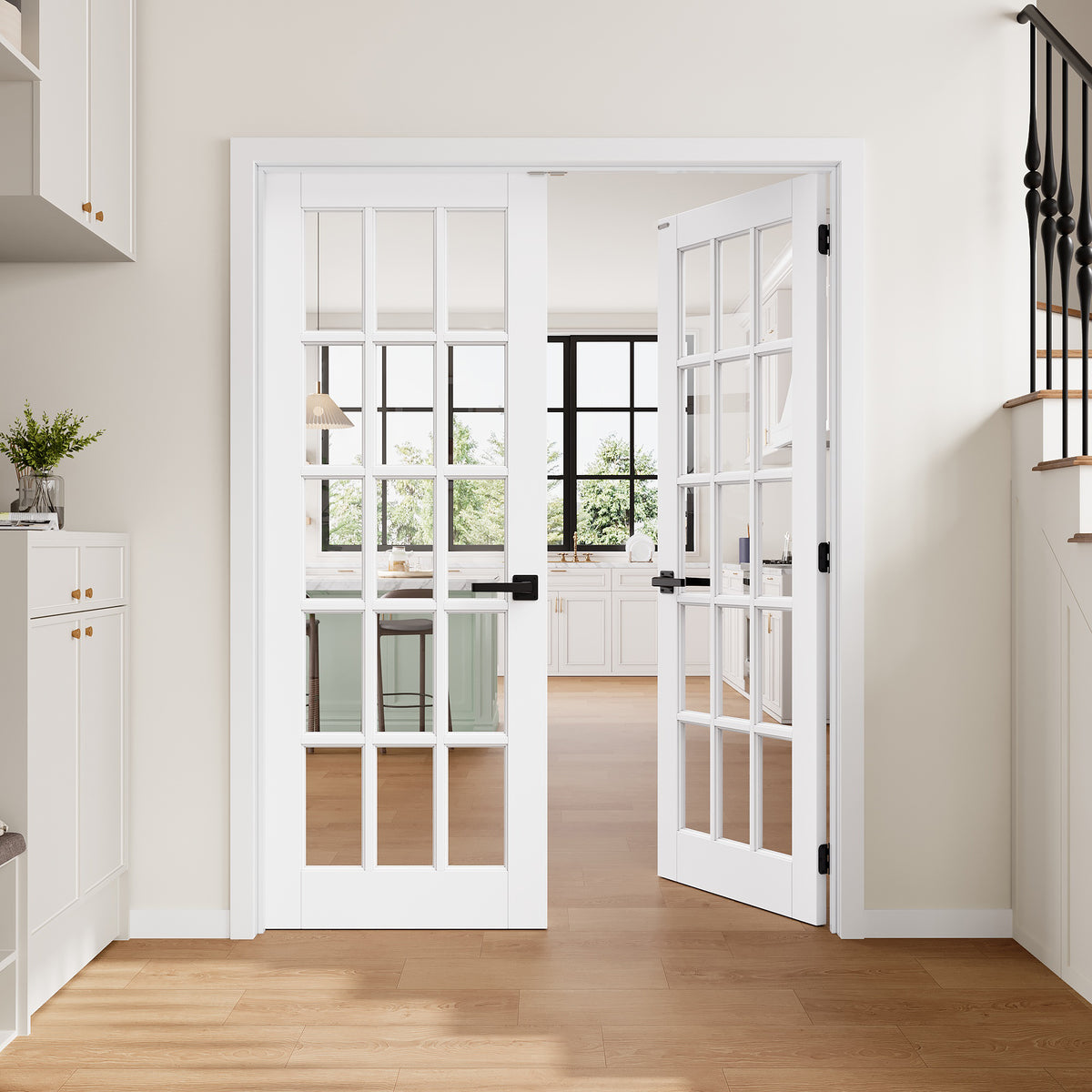 [Magnetic Catch Prehung French Door Collection] 15-Lite Clear Glass White Solid Core Double Prehung French Door with Ready-to-Assemble Jamb