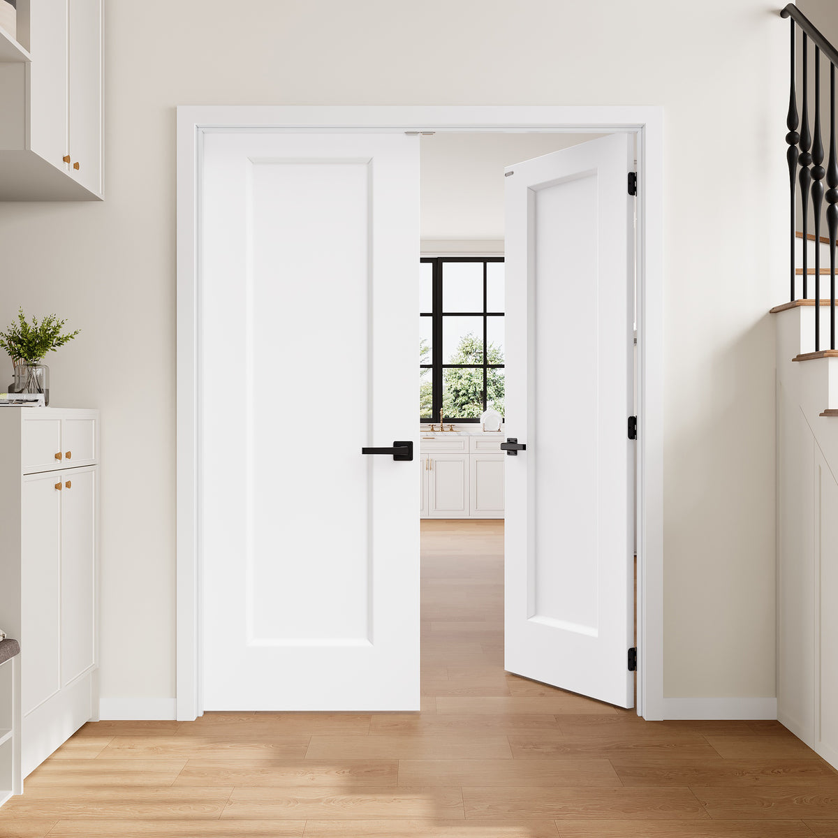 [Magnetic Catch Prehung French Door Collection] 1 Panel White Hollow Core Double Prehung French Door with Ready-to-Assemble Jamb