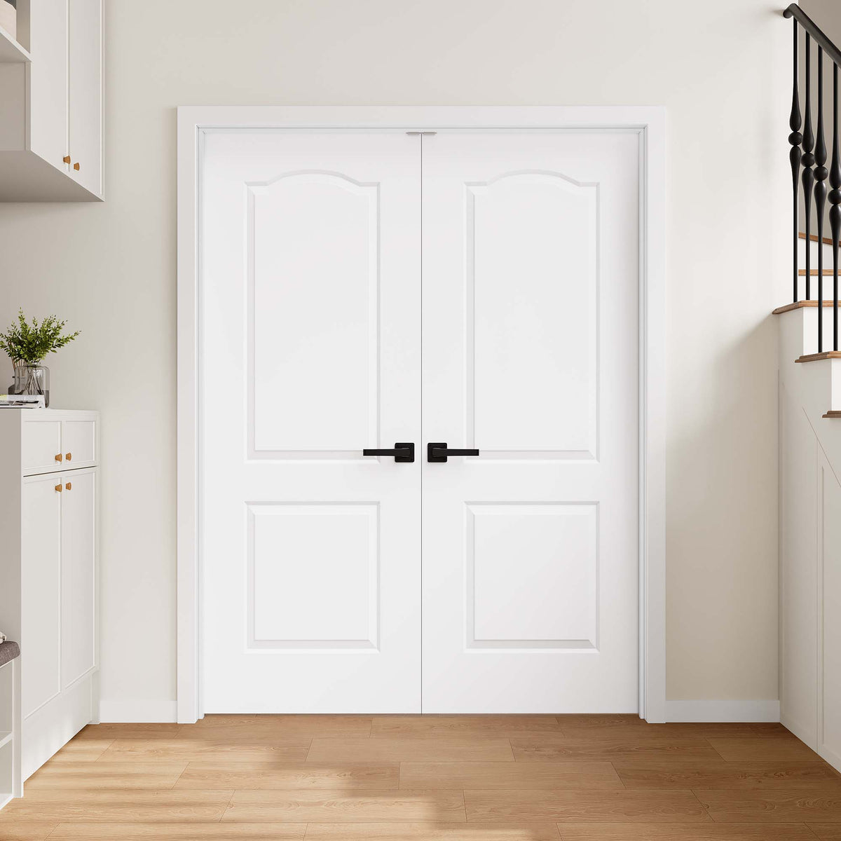 [Magnetic Catch Prehung French Door Collection] 2 Panel Arch Top White Solid Core Double Prehung French Door with Ready-to-Assemble Jamb