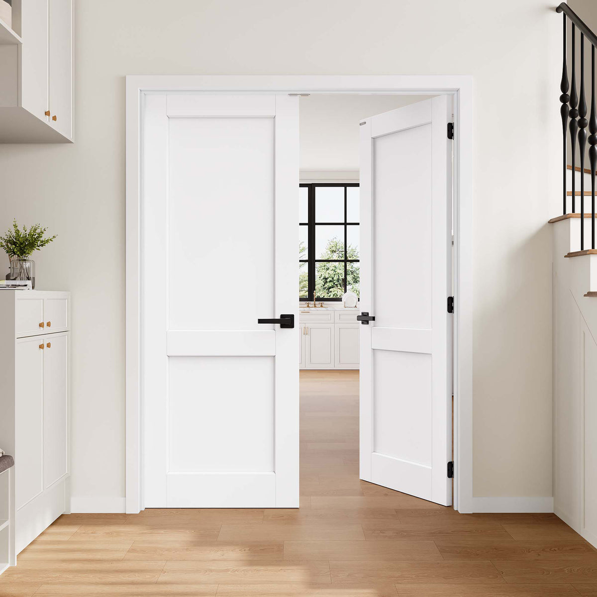 [Magnetic Catch Prehung French Door Collection] 2 Panel White Solid Core Double Prehung French Door with Ready-to-Assemble Jamb