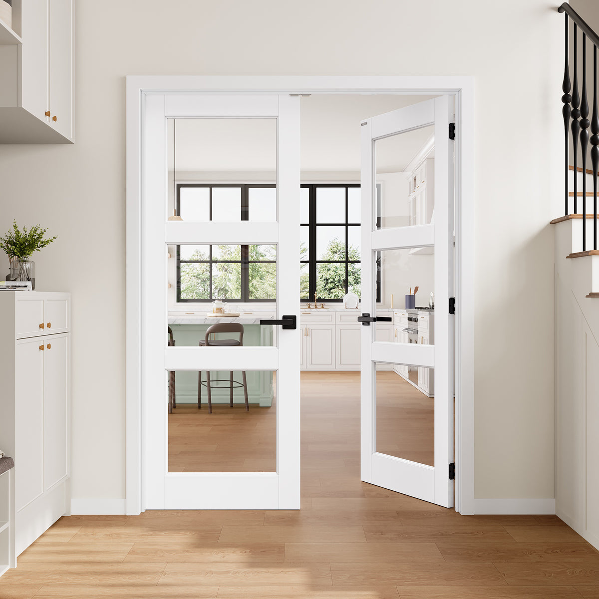 [Magnetic Catch Prehung French Door Collection] 3-Lite Clear Glass White Solid Core Double Prehung French Door with Ready-to-Assemble Jamb