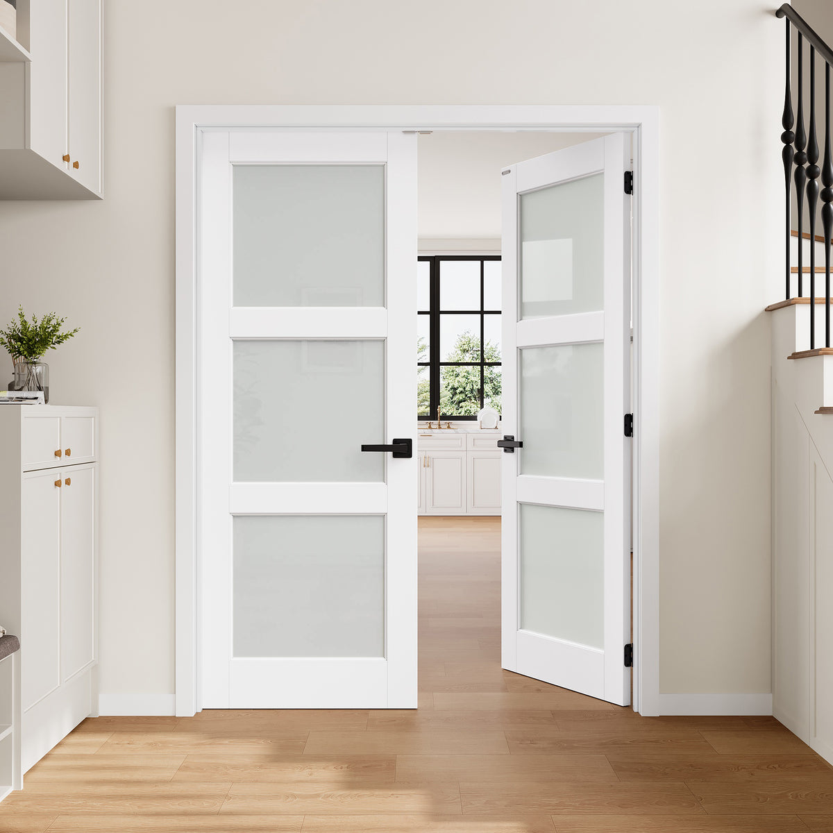 [Magnetic Catch Prehung French Door Collection] 3-Lite Frosted Glass White Solid Core Double Prehung French Door with Ready-to-Assemble Jamb