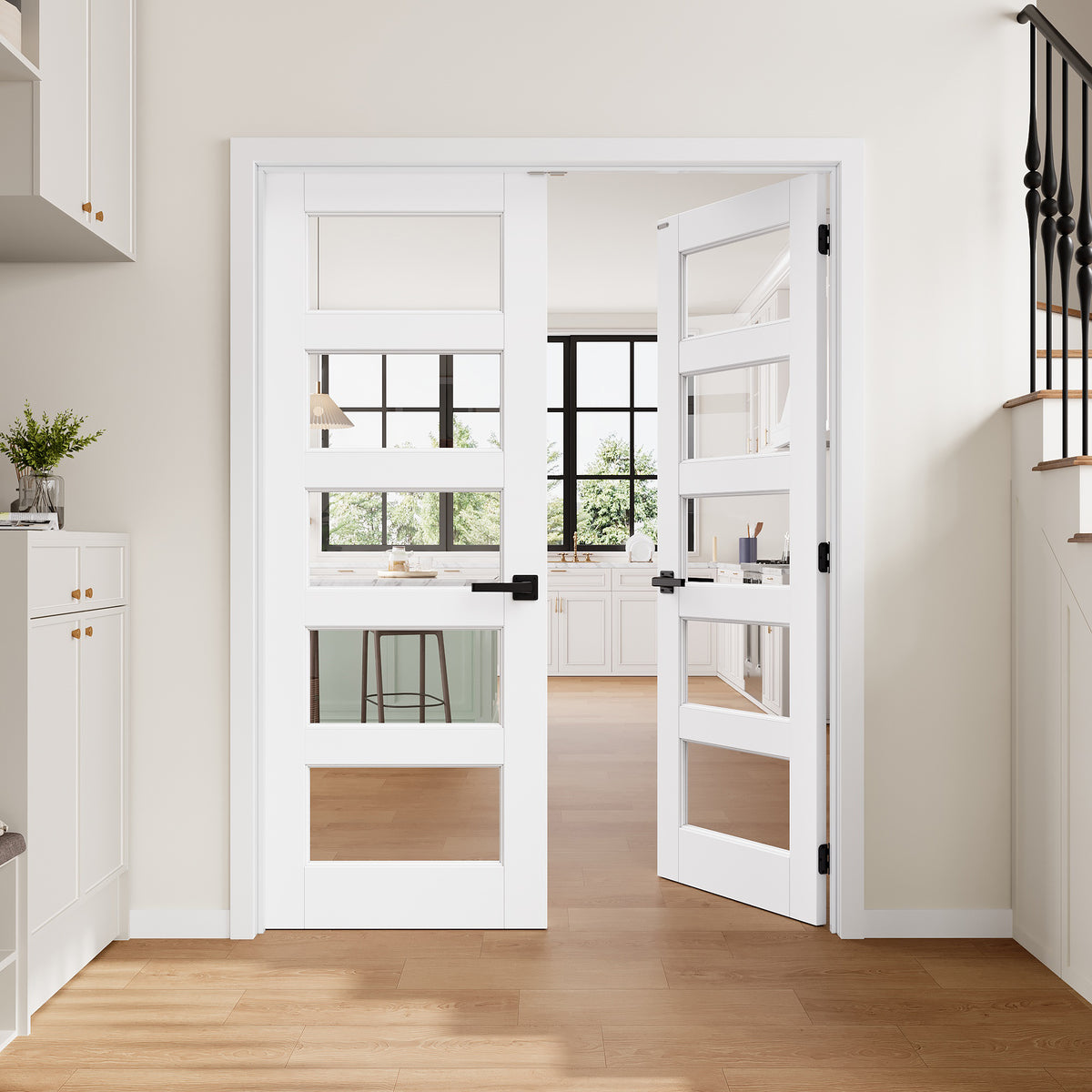 [Magnetic Catch Prehung French Door Collection] 5-Lite Clear Glass White Solid Core Double Prehung French Door with Ready-to-Assemble Jamb