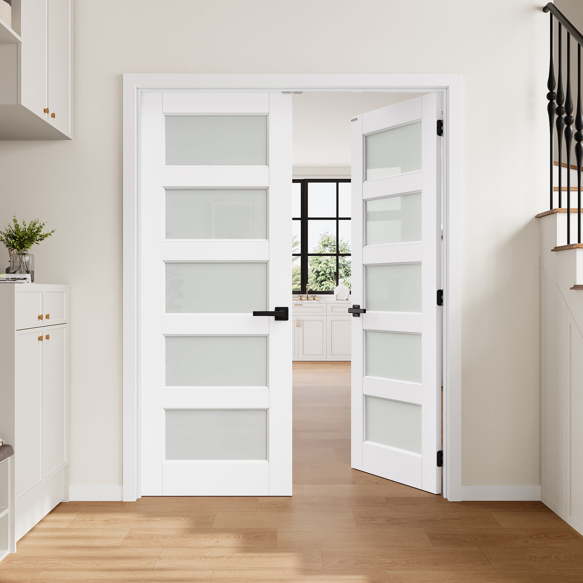 [Magnetic Catch Prehung French Door Collection] 5-Lite Frosted Glass White Solid Core Double Prehung French Door with Ready-to-Assemble Jamb