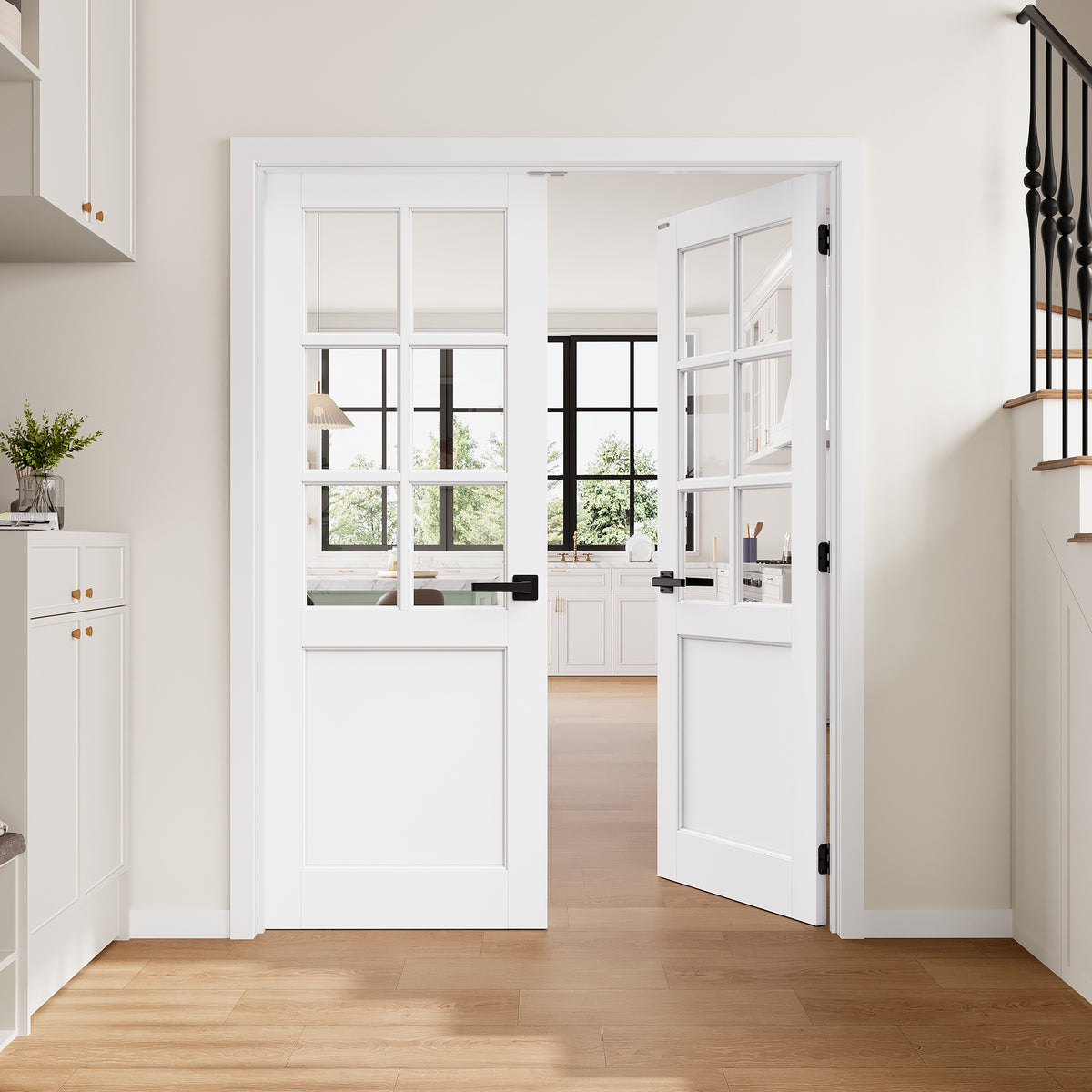 [Magnetic Catch Prehung French Door Collection] 6-Lite Clear Glass White Solid Core Double Prehung French Door with Ready-to-Assemble Jamb