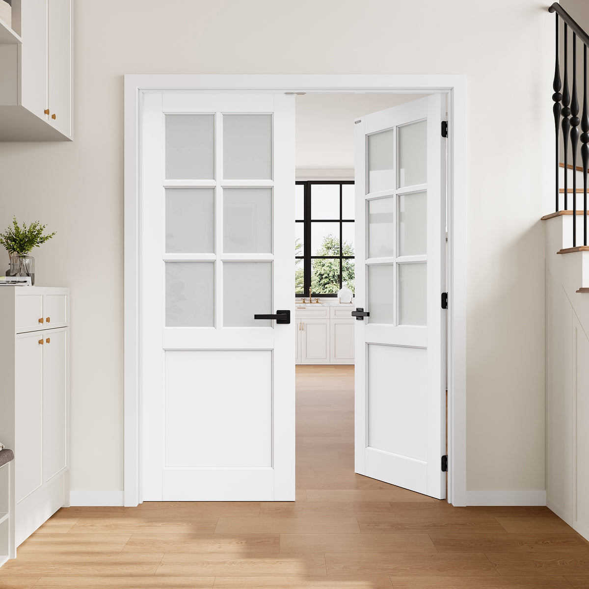 [Magnetic Catch Prehung French Door Collection] 6-Lite Frosted Glass White Solid Core Double Prehung French Door with Ready-to-Assemble Jamb