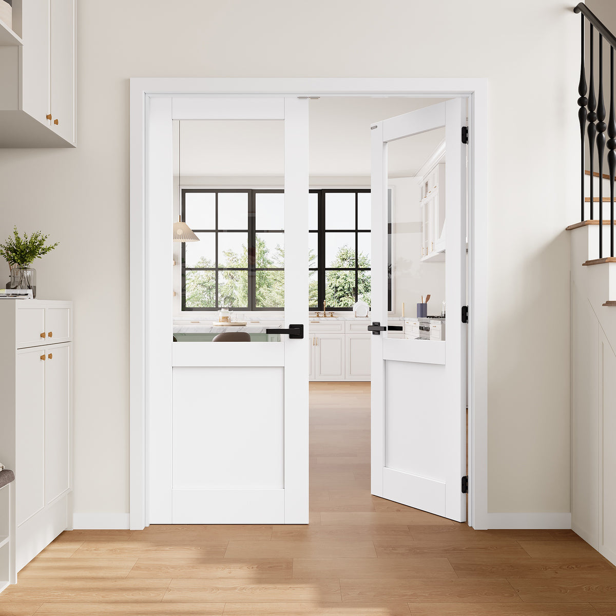 [Magnetic Catch Prehung French Door Collection] Half-Lite Clear Glass White Solid Core Double Prehung French Door with Ready-to-Assemble Jamb