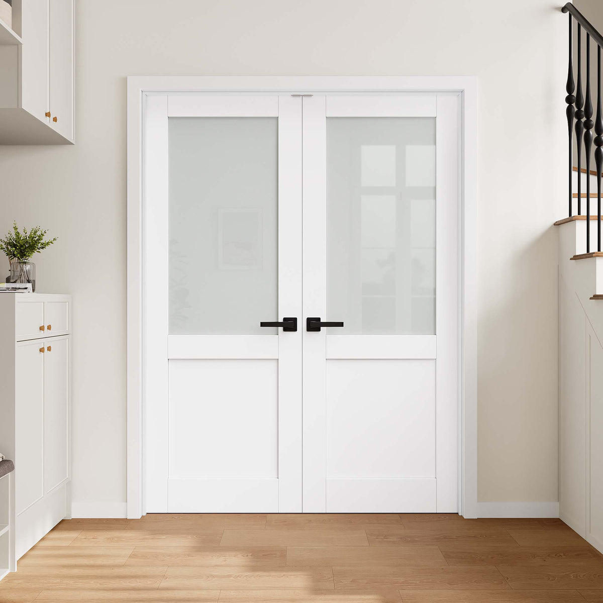 [Magnetic Catch Prehung French Door Collection] Half-Lite Frosted Glass White Solid Core Double Prehung French Door with Ready-to-Assemble Jamb