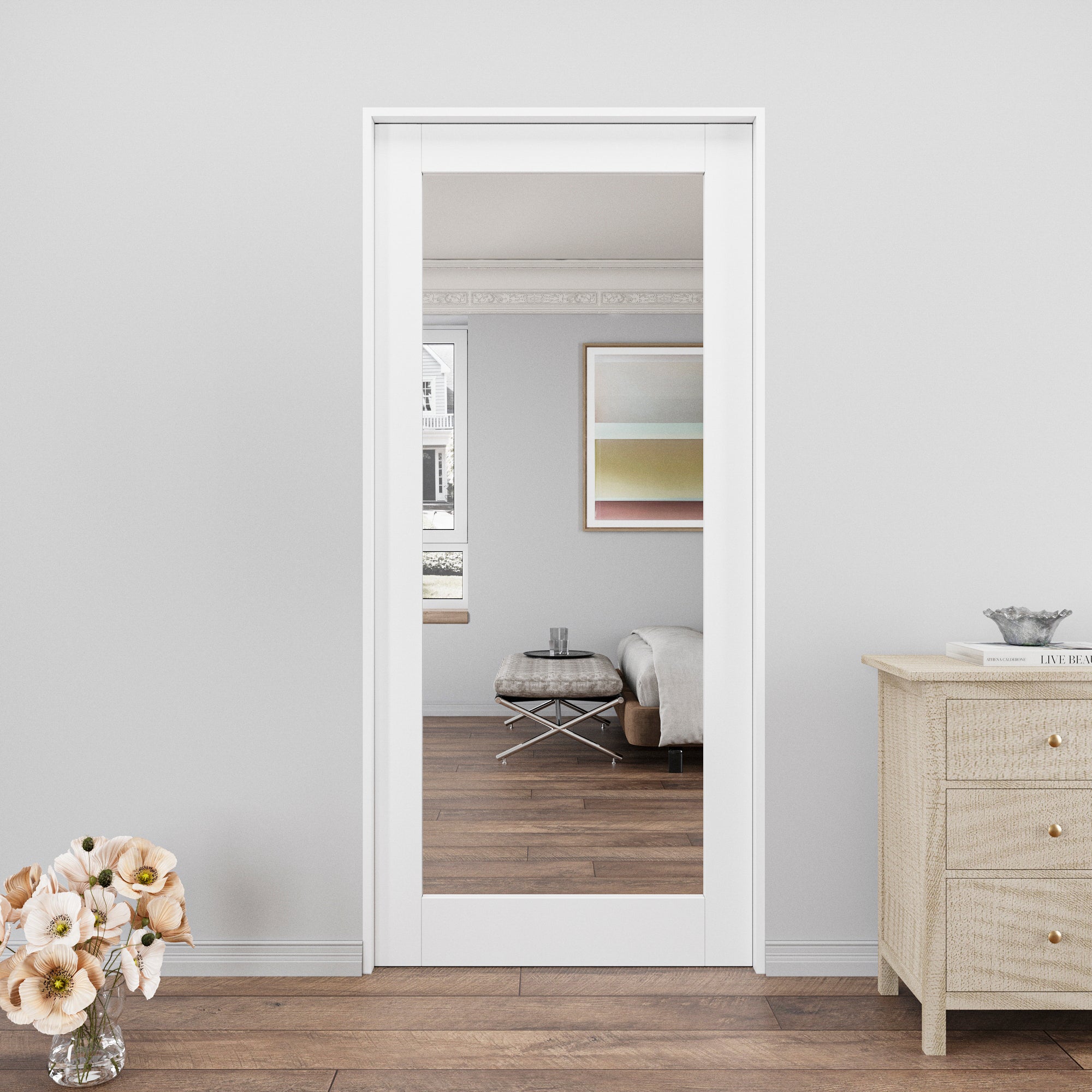 Ark Design 1-Lite One Side Mirror Pocket Door with Hardware Kit & Soft Close & Frame, Solid Core MDF Wood & Paint-grade Finished, White