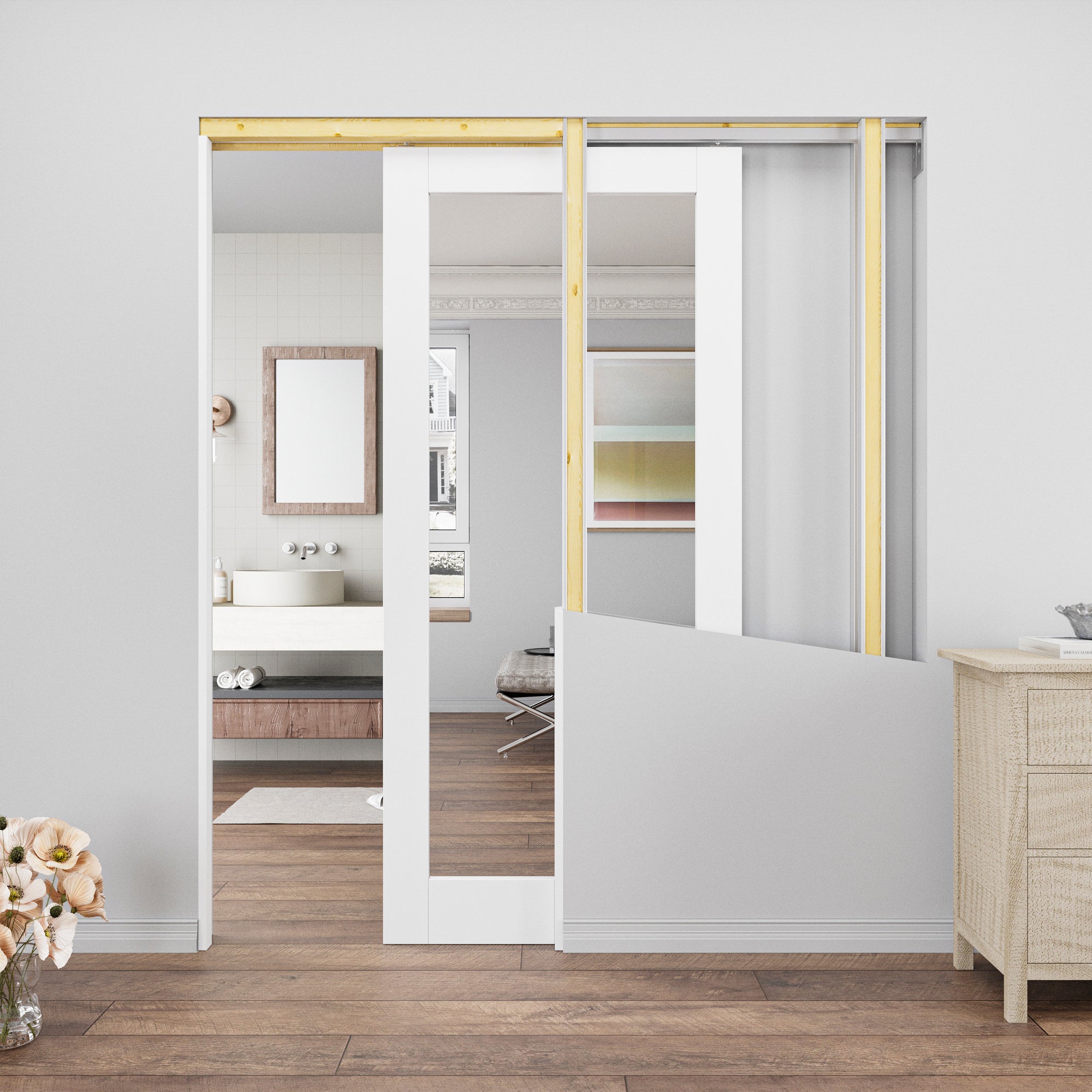 Ark Design 1-Lite One Side Mirror Pocket Door with Hardware Kit & Soft Close & Frame, Solid Core MDF Wood & Paint-grade Finished, White