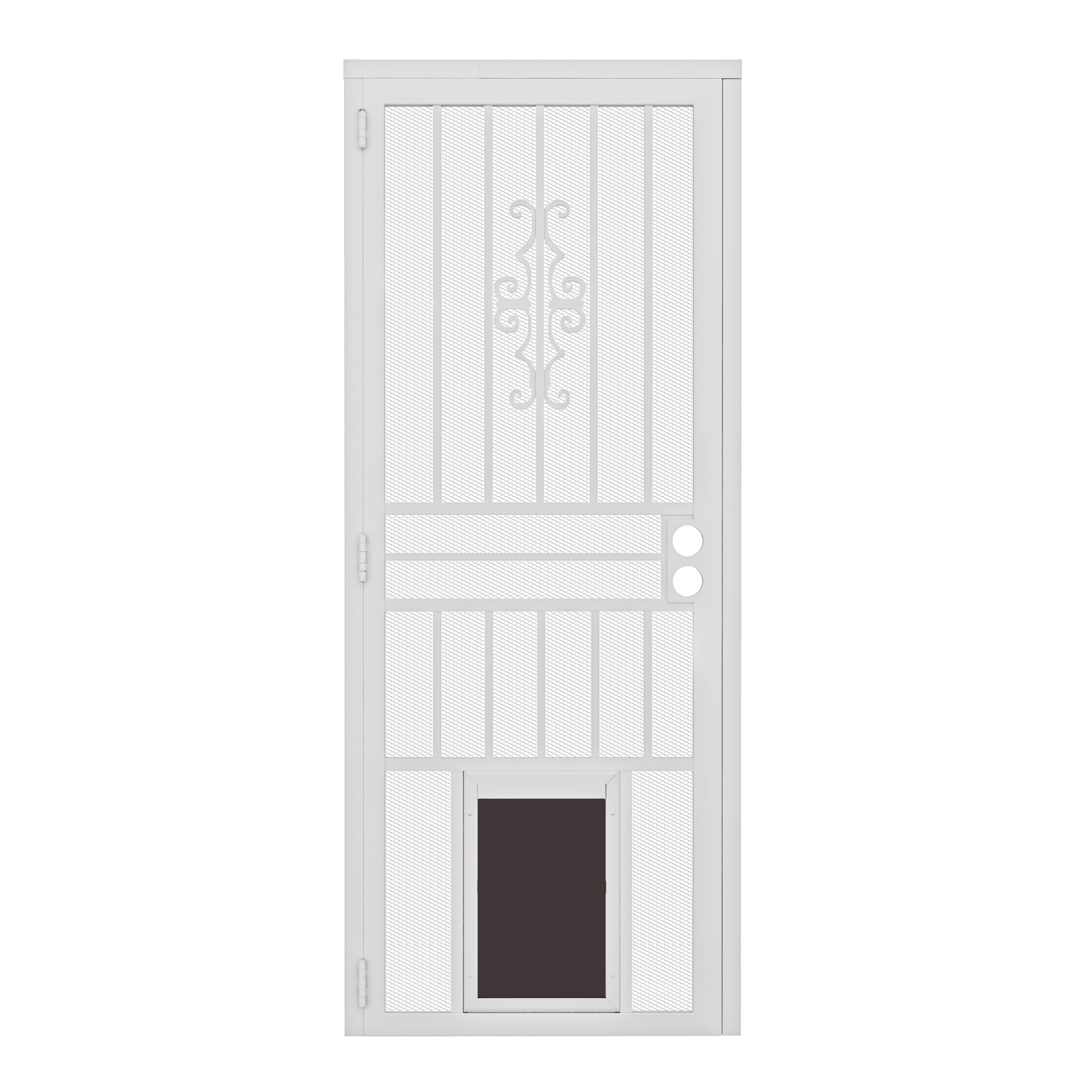Ark Design Left Hand/Outswing Hinging White Surface Mount Steel Security Door w/Expanded Metal Screen w/Pet Door