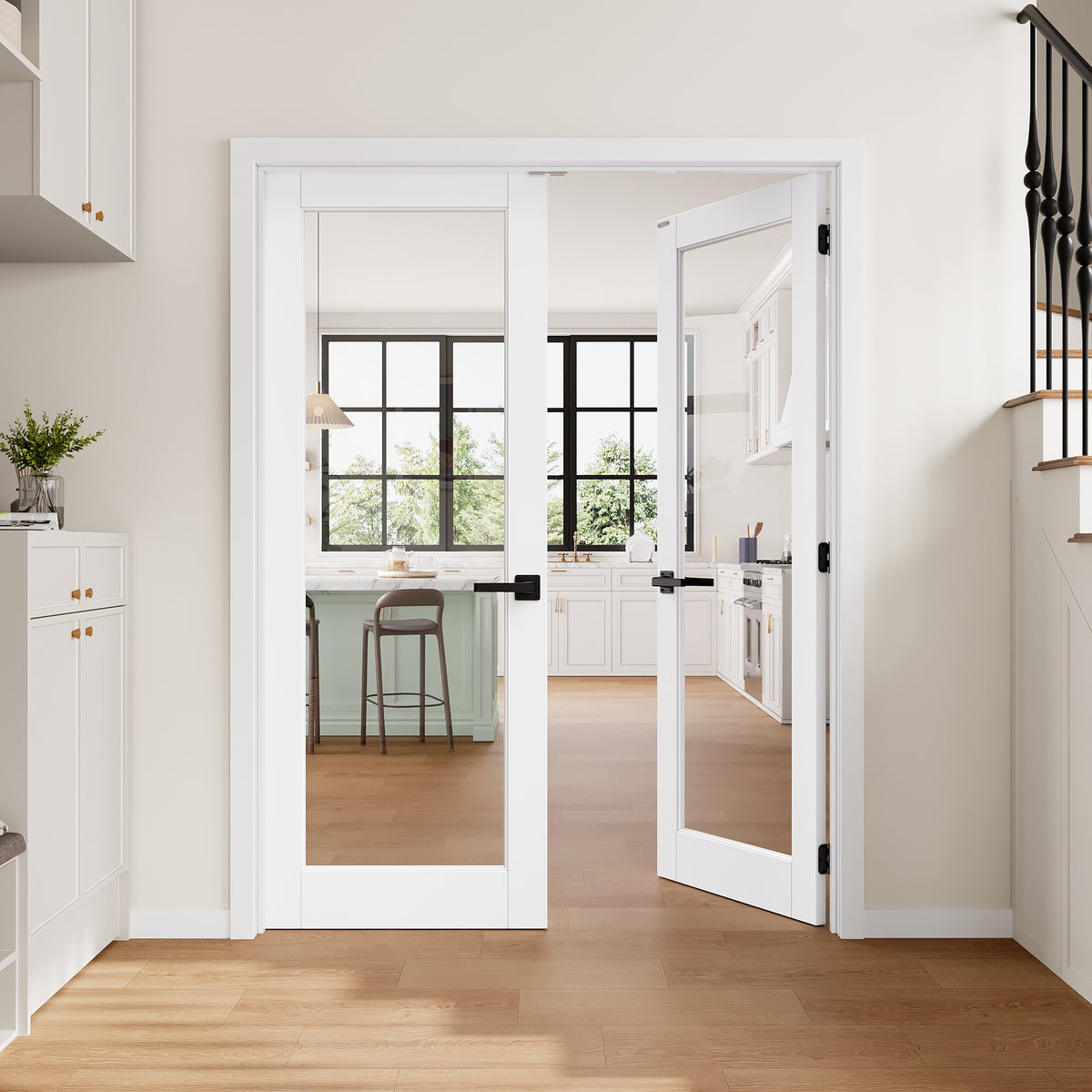 [Magnetic Catch Prehung French Door Collection] 1-Lite Clear Glass White Solid Core Double Prehung French Door with Ready-to-Assemble Jamb