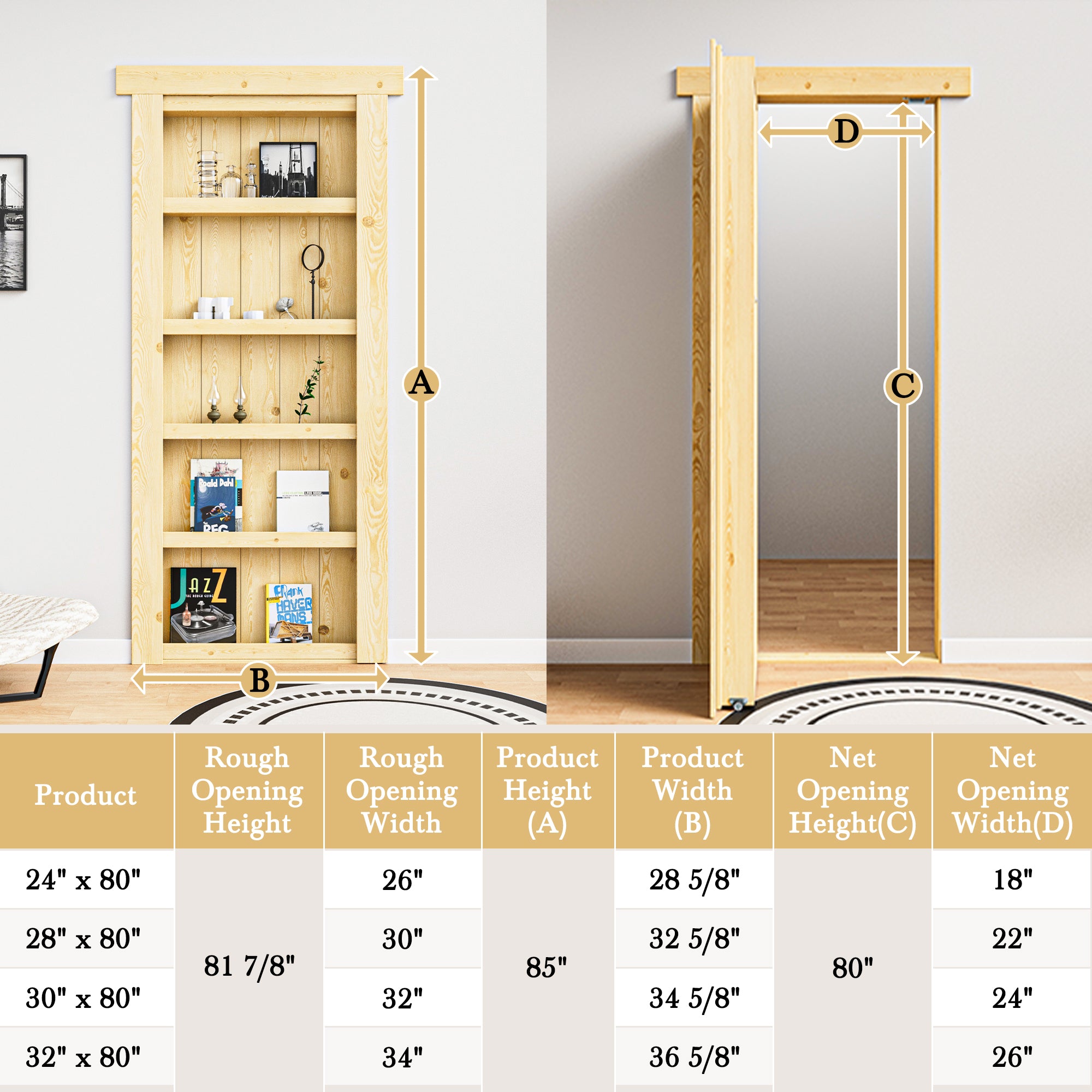 Ark Design Assembled Universal/Reversible Solid Core Unfinished Wood 4-Shelf Flush Mount Hidden Bookcase Door