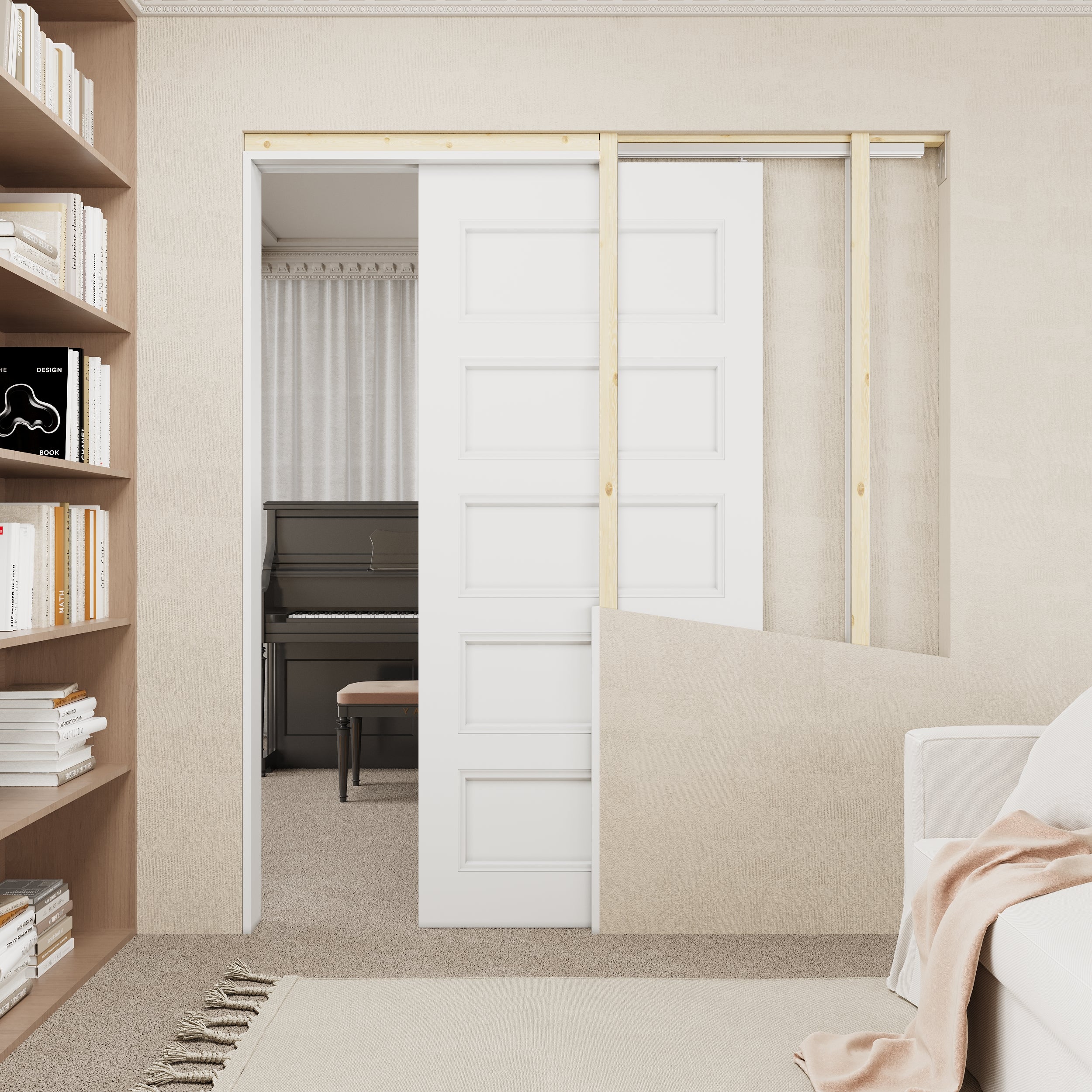 Ark Design 5 lite Panel Pocket Door with Hardware Kit & Soft Close & Frame, Solid Core MDF Wood & Paint-grade Finished, White