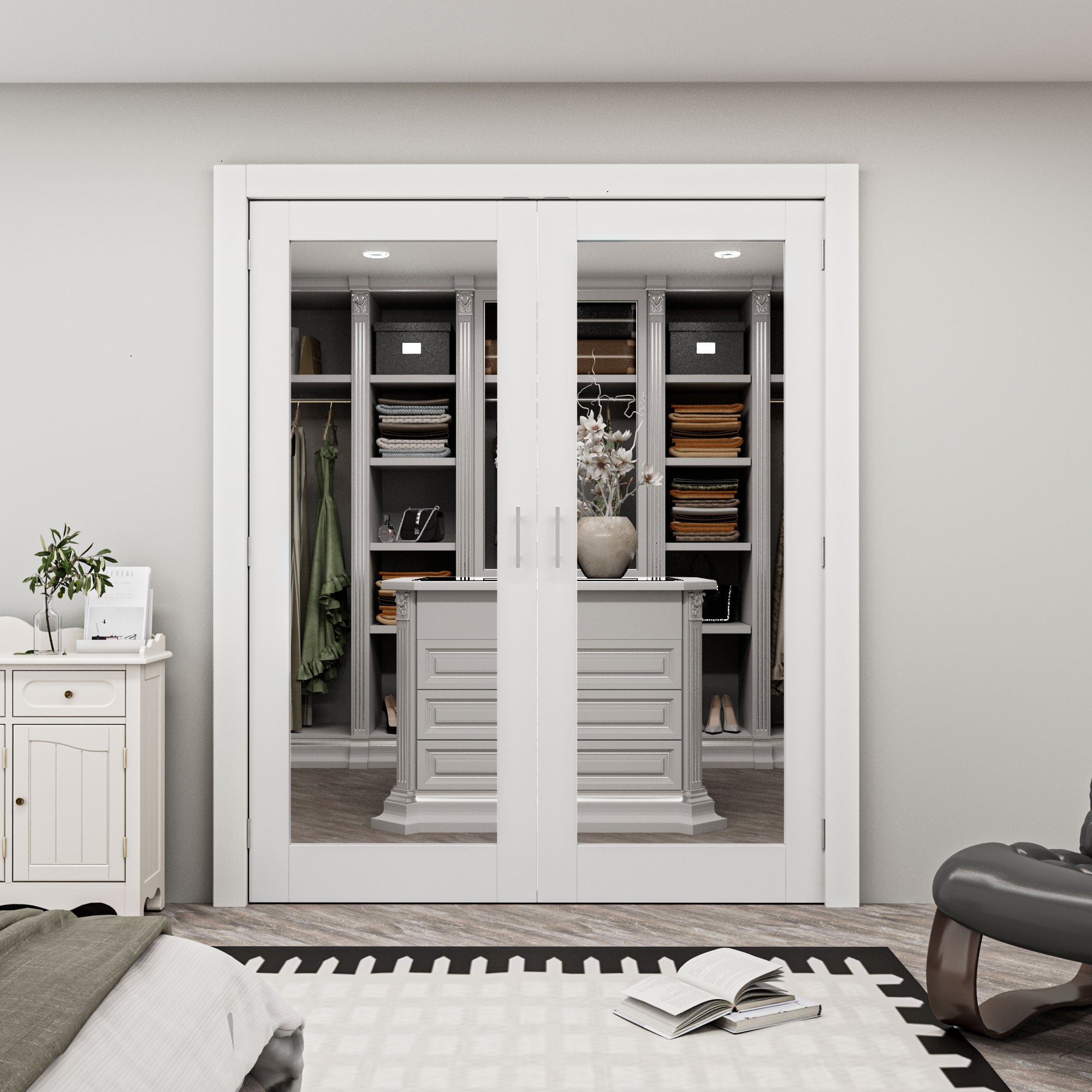 [Silver Ball Catch Double Doors without Jamb] 1-Lite Clear Glass White Solid Core Glass French Door Panels Door with Sliver Ball Catch & Handles & Hinges, Jamb Not Included