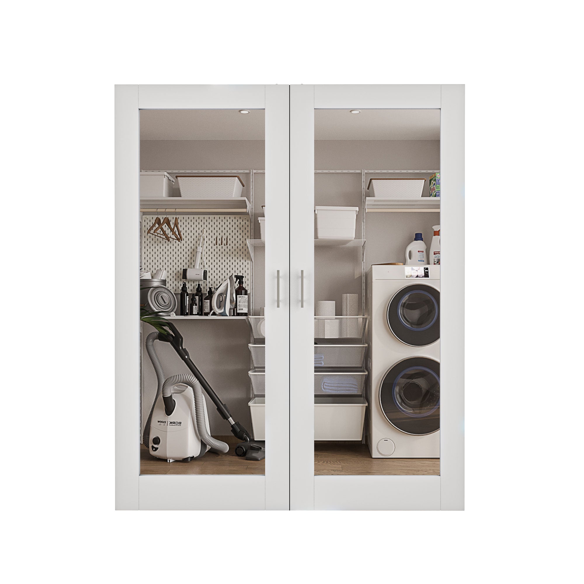 [Silver Ball Catch Double Doors without Jamb] 1-Lite Clear Glass White Solid Core Glass French Door Panels Door with Sliver Ball Catch & Handles & Hinges, Jamb Not Included