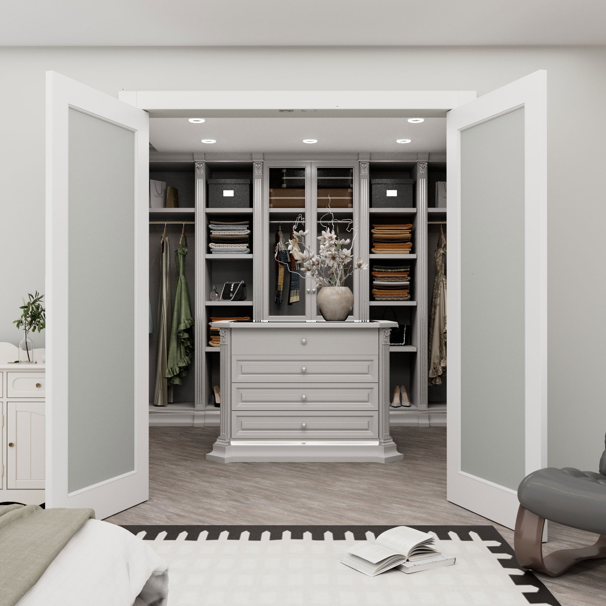 [Silver Ball Catch Double Doors without Jamb] 1-Lite Frosted Glass White Solid Core Glass French Door Panels with Sliver Ball Catch & Handles & Hinges, Jamb Not Included