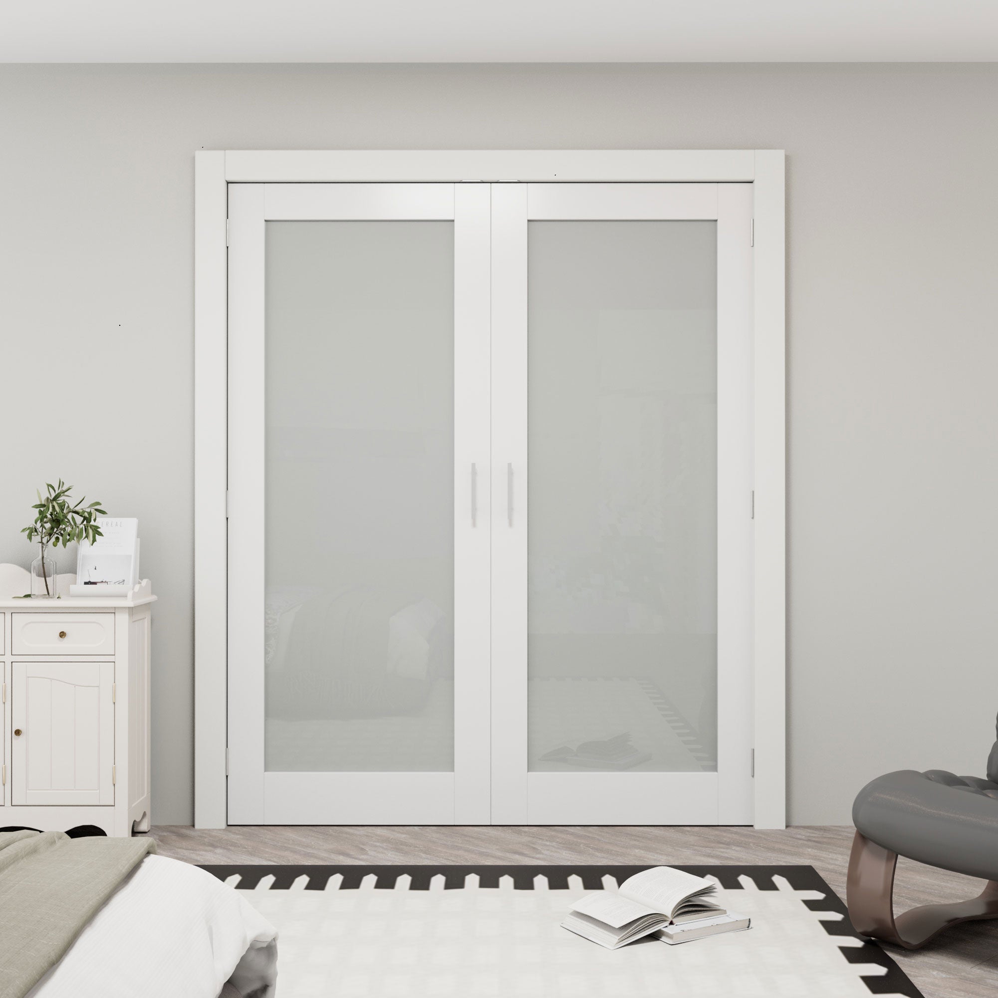 [Silver Ball Catch Double Doors without Jamb] 1-Lite Frosted Glass White Solid Core Glass French Door Panels with Sliver Ball Catch & Handles & Hinges, Jamb Not Included