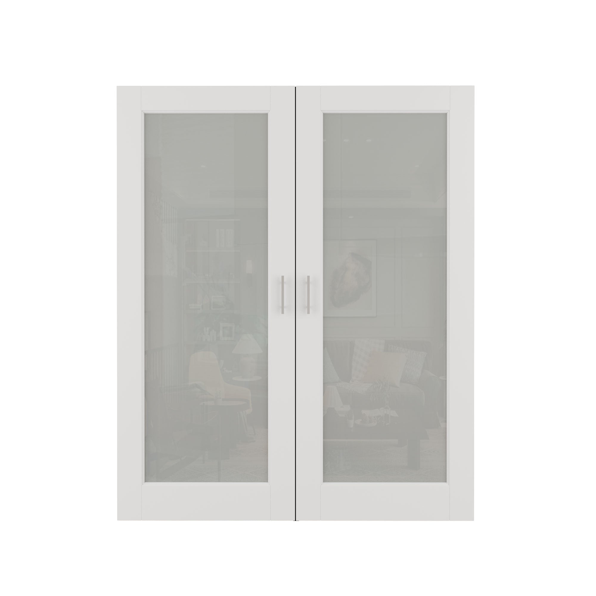 [Silver Ball Catch Double Doors without Jamb] 1-Lite Frosted Glass White Solid Core Glass French Door Panels with Sliver Ball Catch & Handles & Hinges, Jamb Not Included