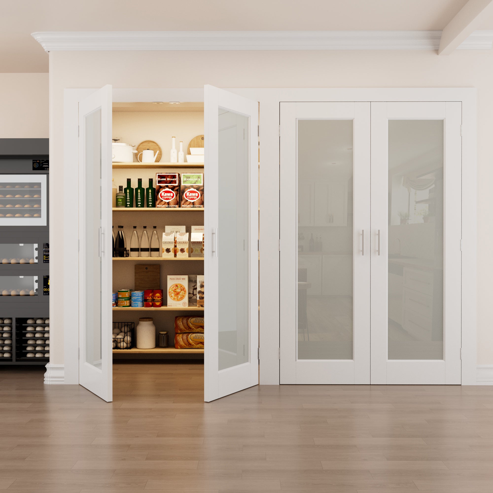 [Silver Ball Catch Double Doors without Jamb] 1-Lite Frosted Glass White Solid Core Glass French Door Panels with Sliver Ball Catch & Handles & Hinges, Jamb Not Included