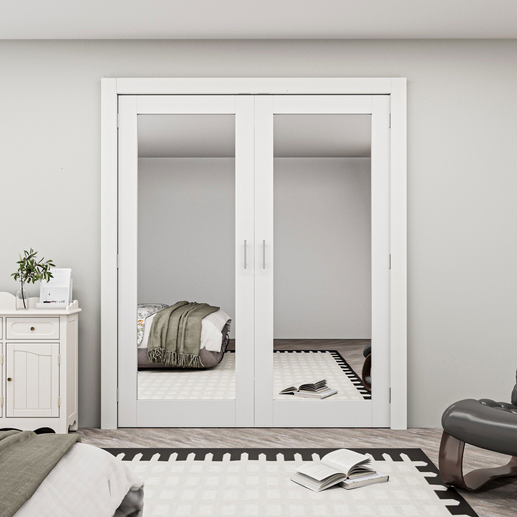 [Silver Ball Catch Double Doors without Jamb] 1-Lite Mirror White Solid Core Glass French Door Panels Door with Sliver Ball Catch & Handles & Hinges, Jamb Not Included