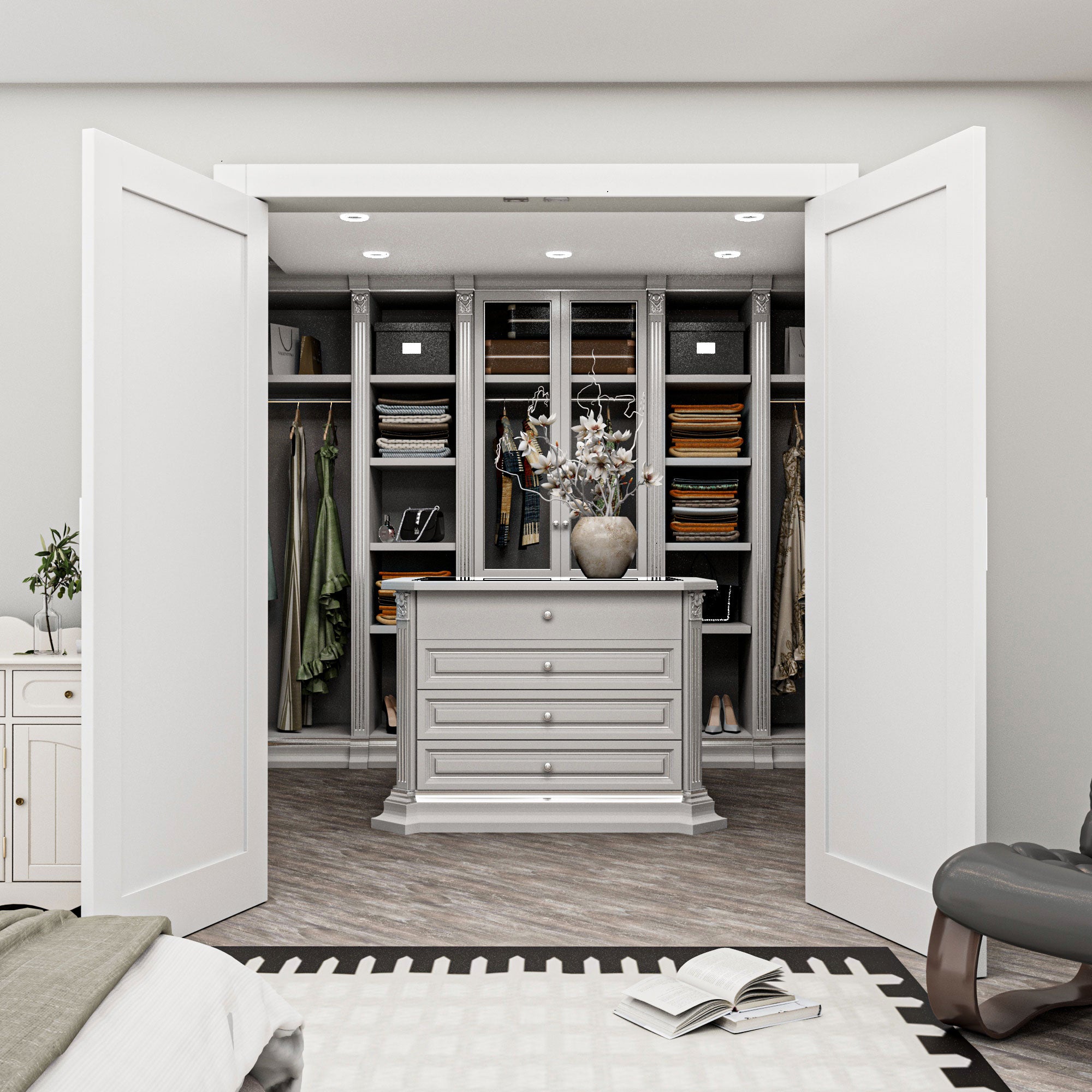 [Silver Ball Catch Double Doors without Jamb] 1-Lite Panel White Solid Core Glass French Door Panels Door with Sliver Ball Catch & Handles & Hinges, Jamb Not Included