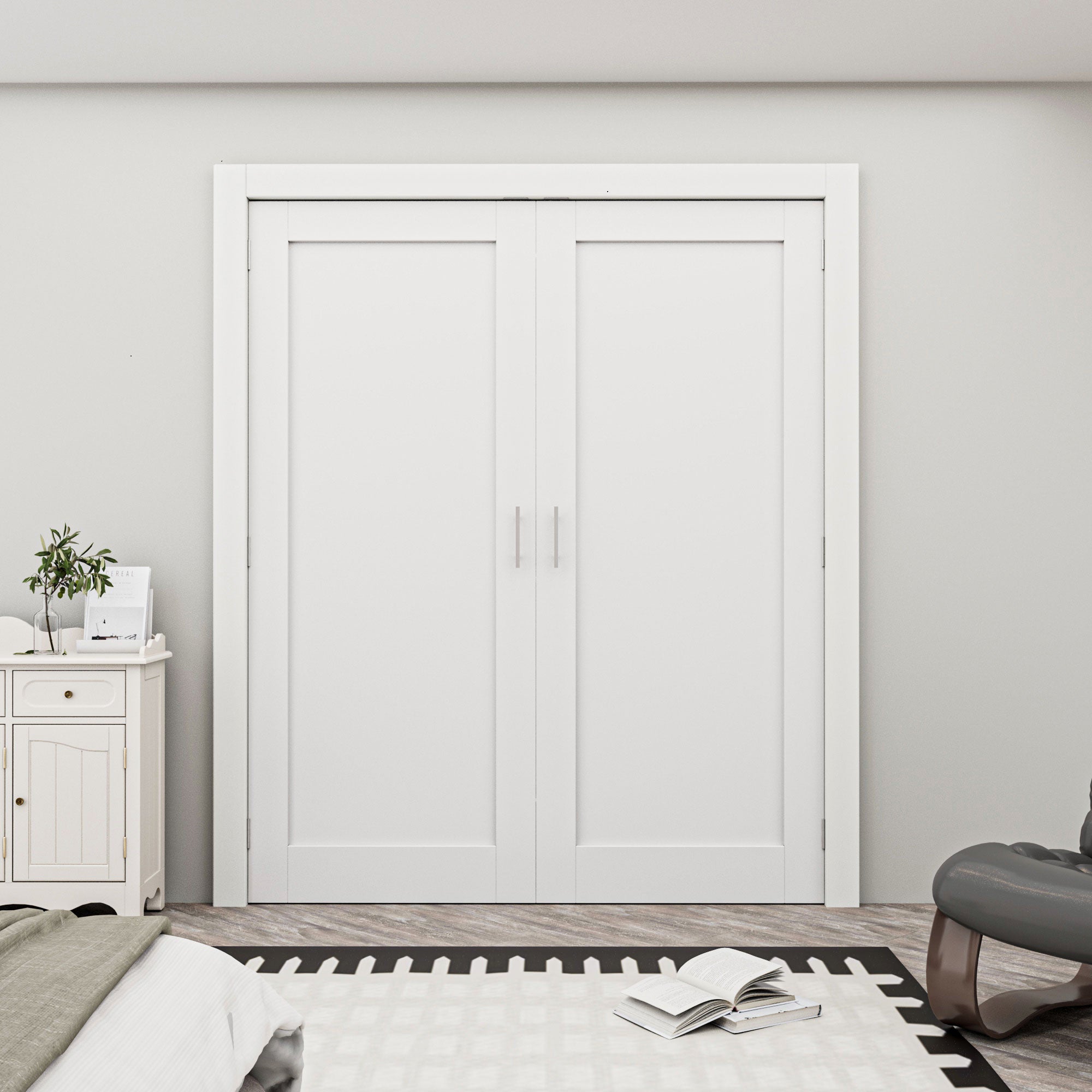 [Silver Ball Catch Double Doors without Jamb] 1-Lite Panel White Solid Core Glass French Door Panels Door with Sliver Ball Catch & Handles & Hinges, Jamb Not Included