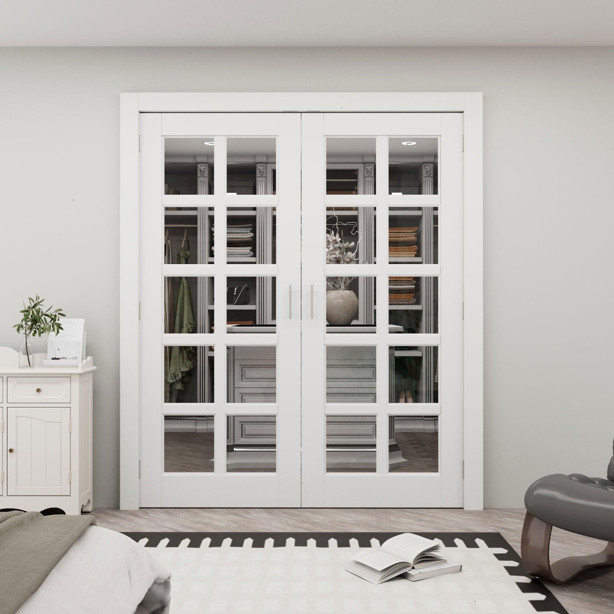 [Silver Ball Catch Double Doors without Jamb] 10-Lite Clear Glass White Solid Core Glass French Door Panels Door with Sliver Ball Catch & Handles & Hinges, Jamb Not Included