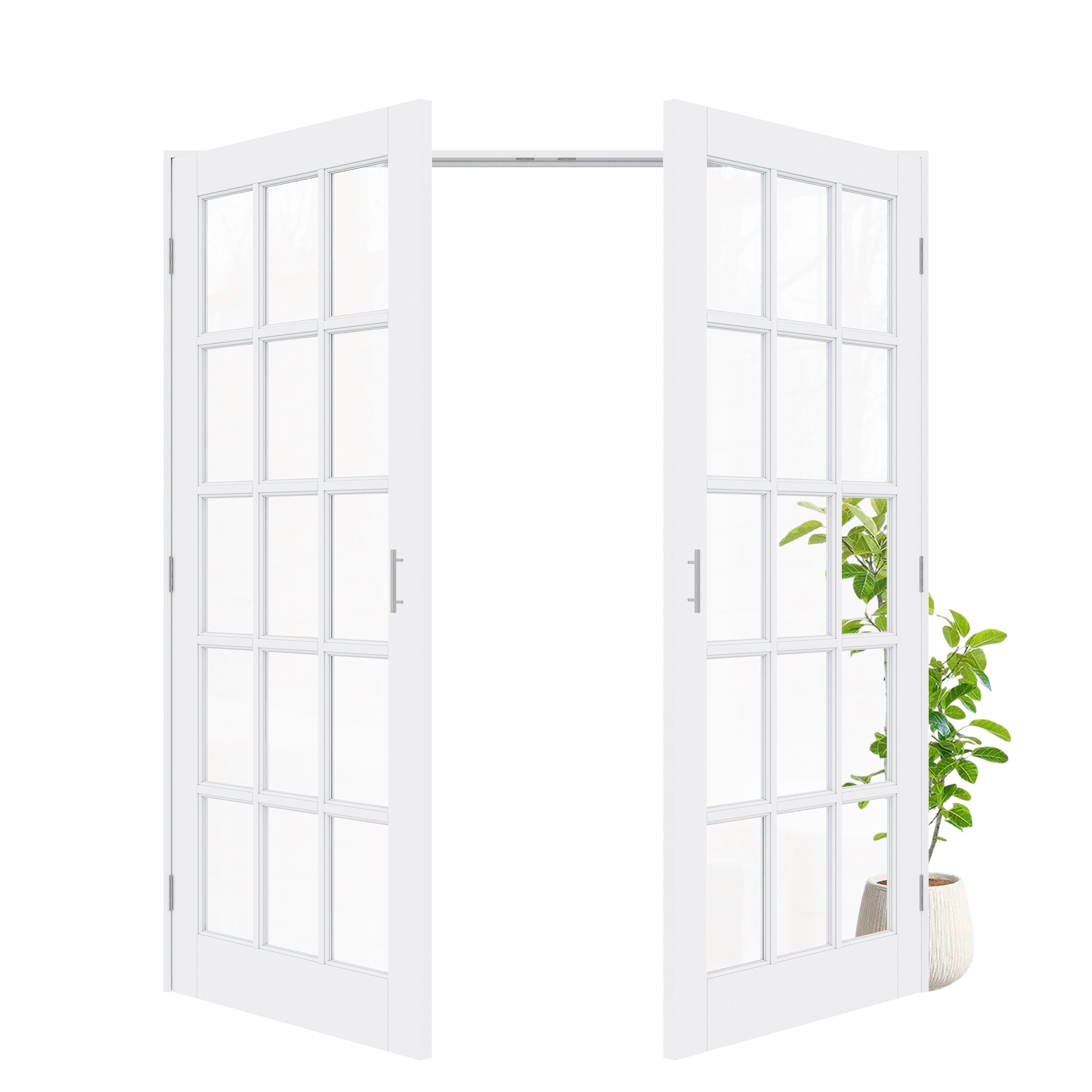 [Silver Ball Catch Double Doors without Jamb] 15-Lite Clear Glass White Solid Core Glass French Door Panels Door with Sliver Ball Catch & Handles & Hinges, Jamb Not Included