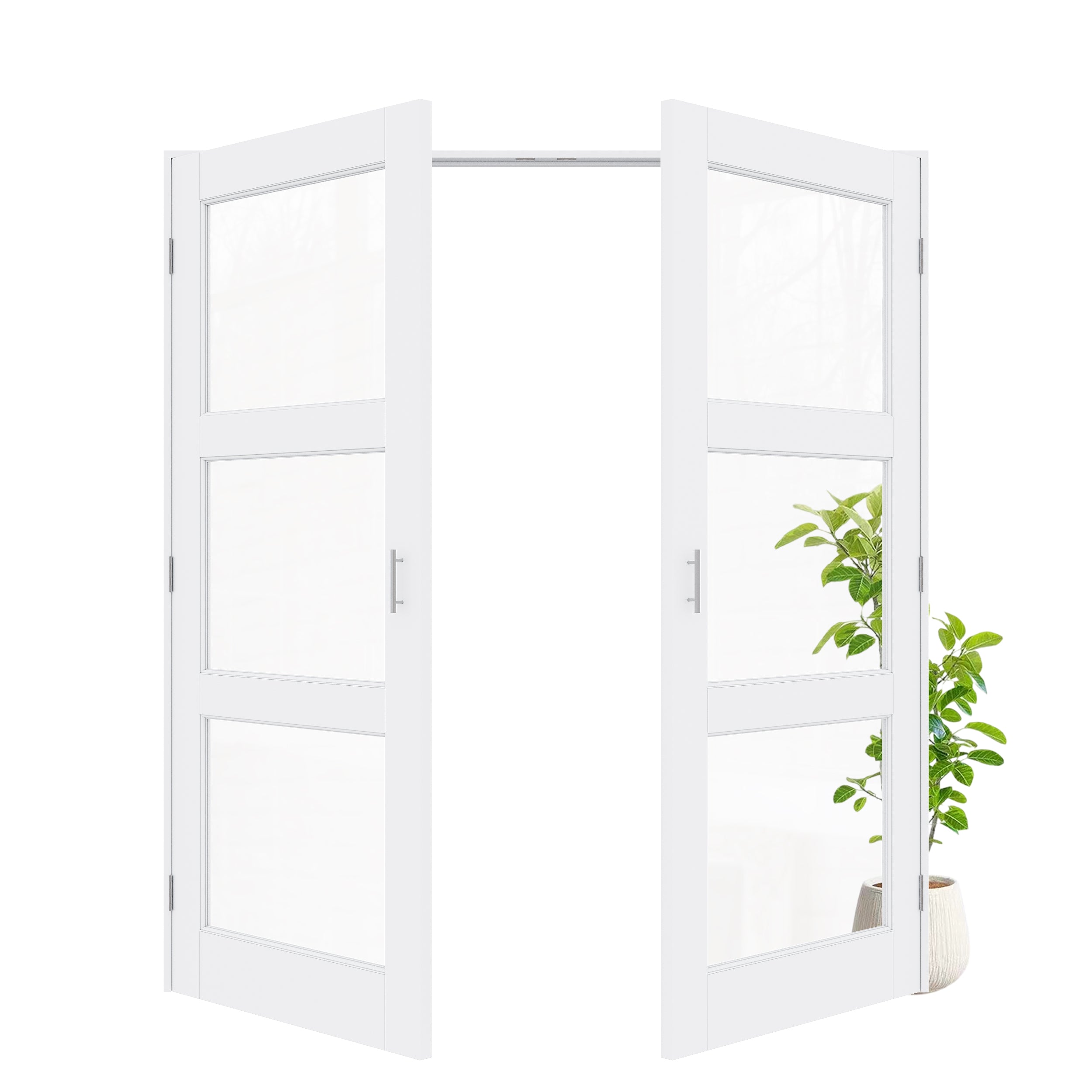 [Silver Ball Catch Double Doors without Jamb] 3-Lite Clear Glass White Solid Core Glass French Door Panels Door with Sliver Ball Catch & Handles & Hinges, Jamb Not Included