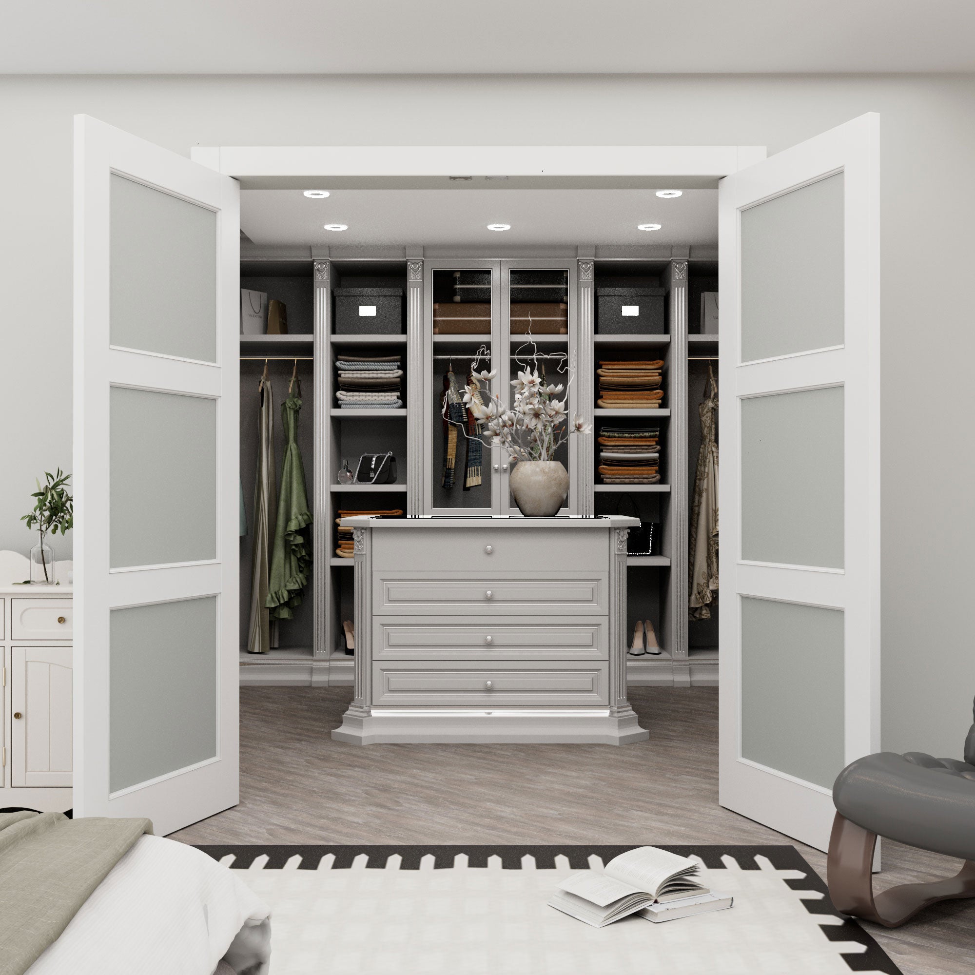 [Silver Ball Catch Double Doors without Jamb] 3-Lite Frosted Glass White Solid Core Glass French Door Panels with Sliver Ball Catch & Handles & Hinges, Jamb Not Included