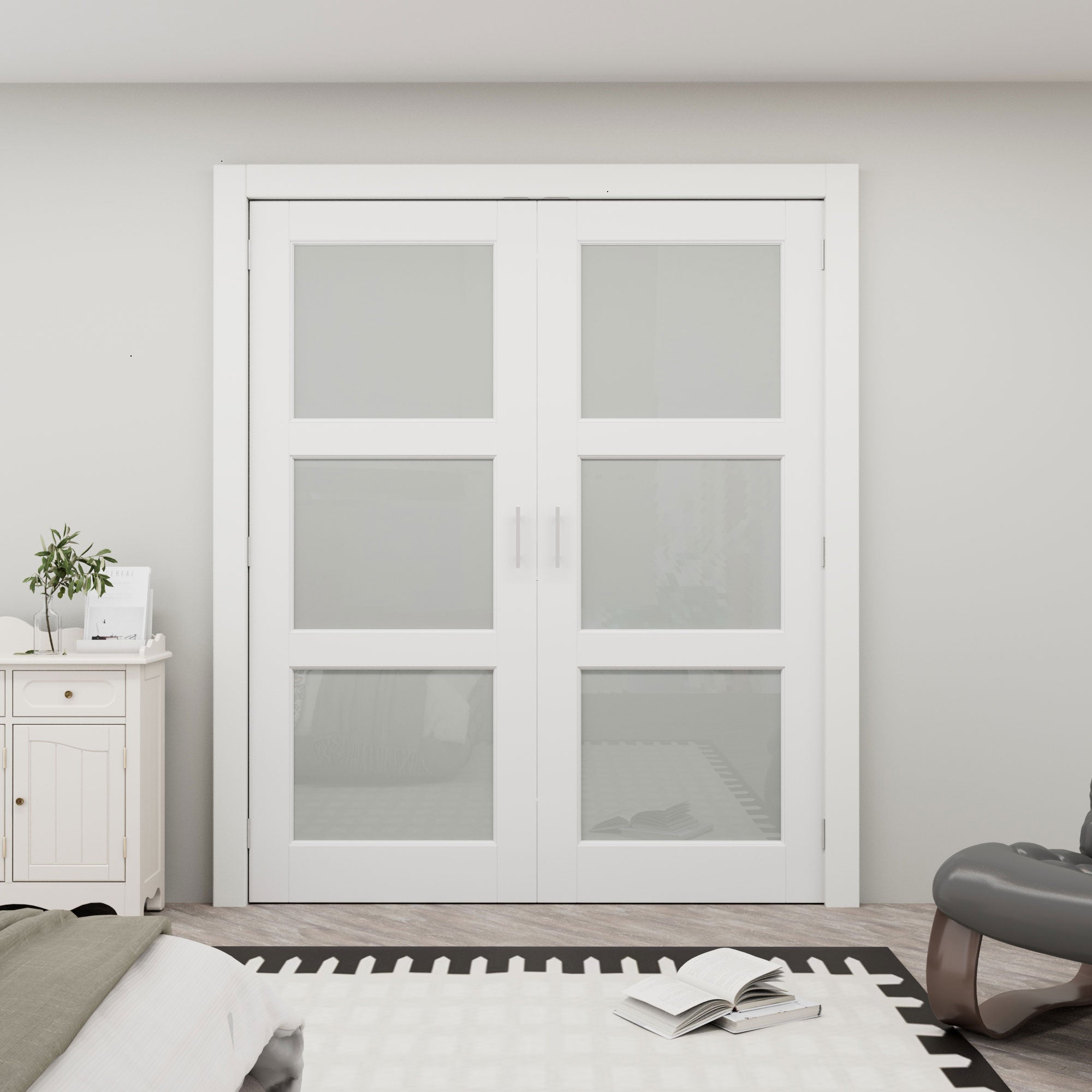 [Silver Ball Catch Double Doors without Jamb] 3-Lite Frosted Glass White Solid Core Glass French Door Panels with Sliver Ball Catch & Handles & Hinges, Jamb Not Included